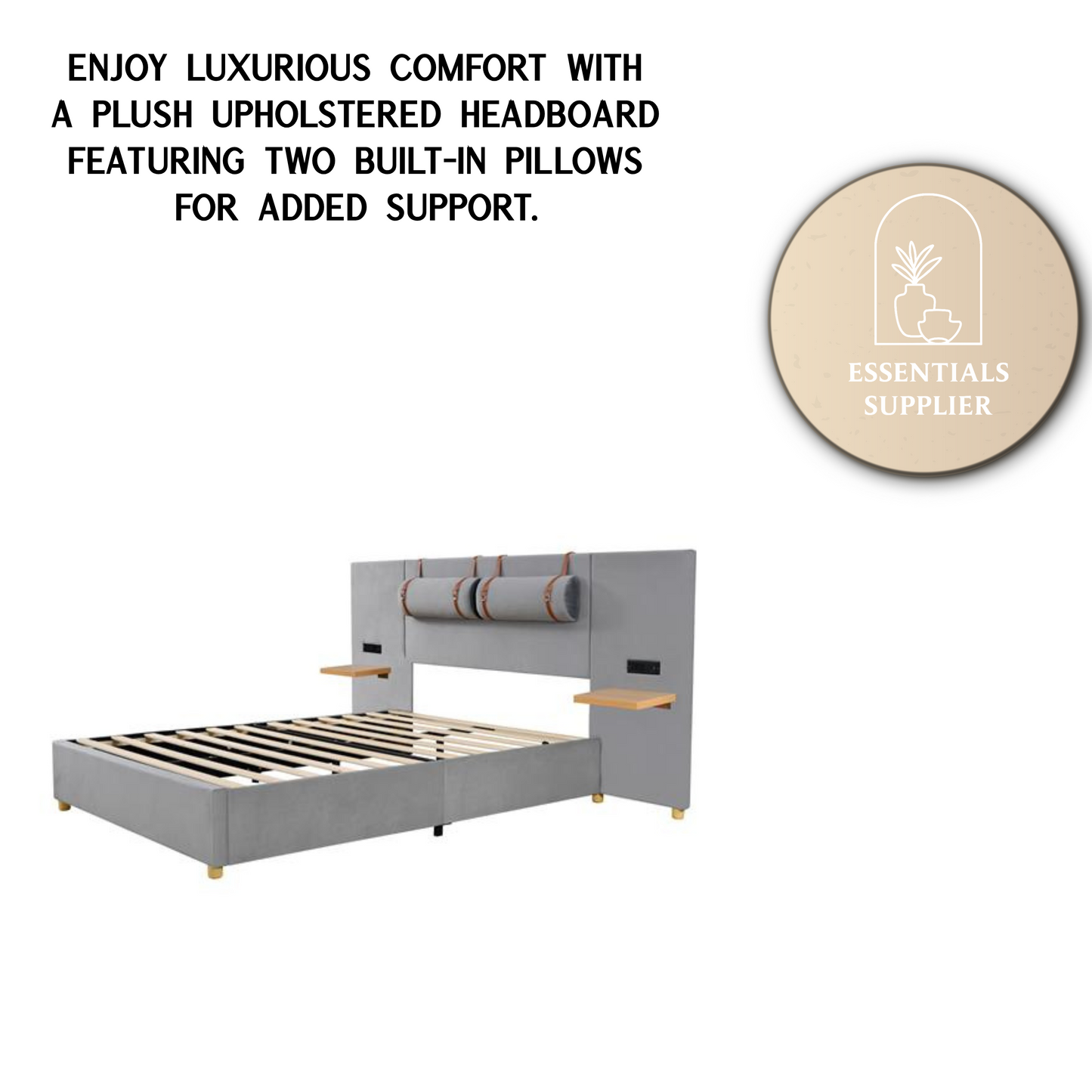 Queen Upholstered Platform Bed with USB Ports, Pillows & Storage Shelves – Gray
