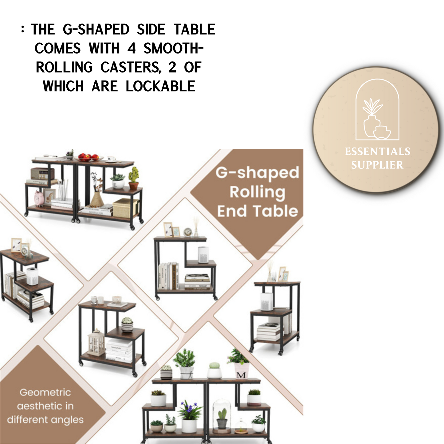 G-Shaped 3-Tier Brown End Table with Wheels – Mobile Storage Side Table
