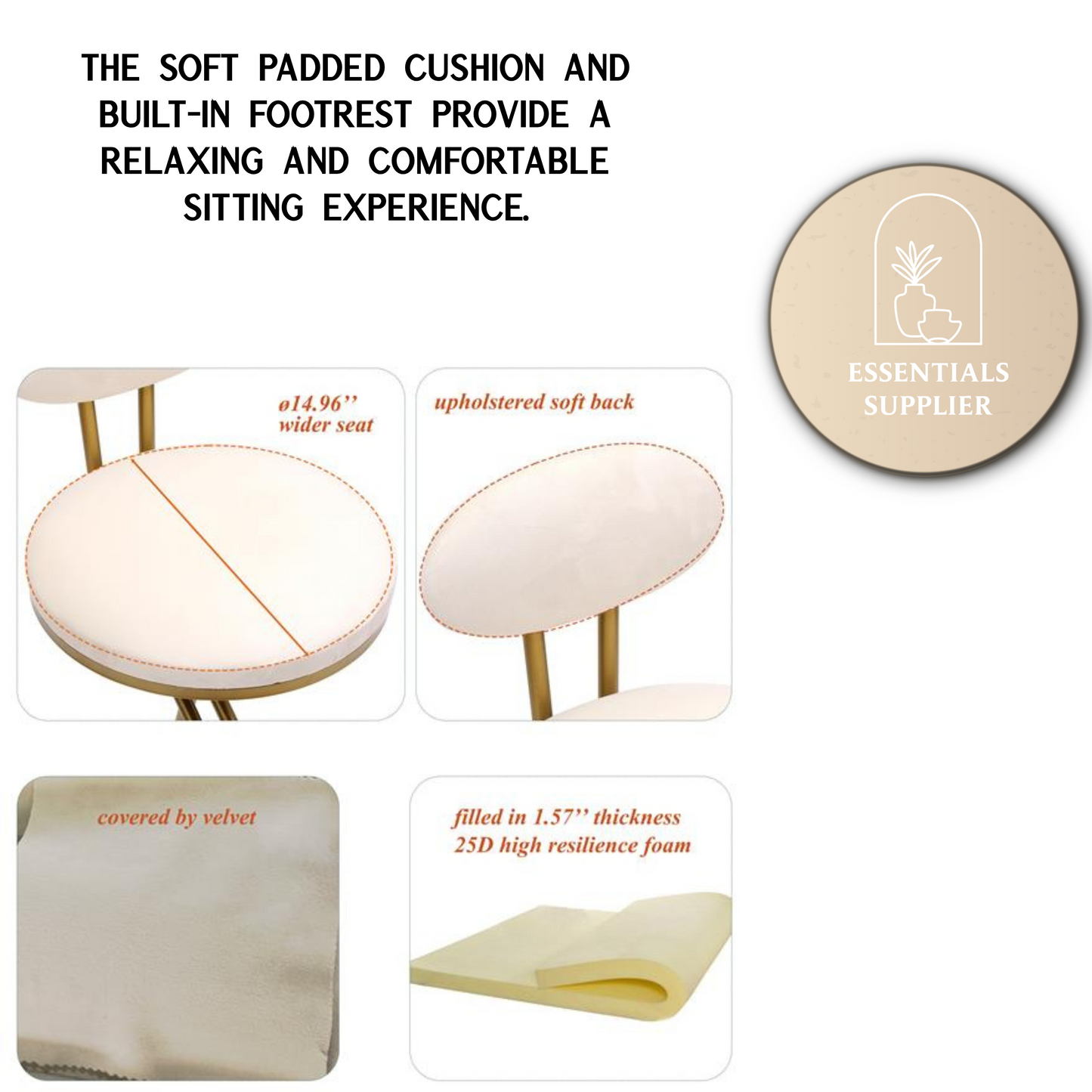 Set of 2 Velvet Round Bar Stools with Back – Gold & Cream Upholstered Counter Chairs