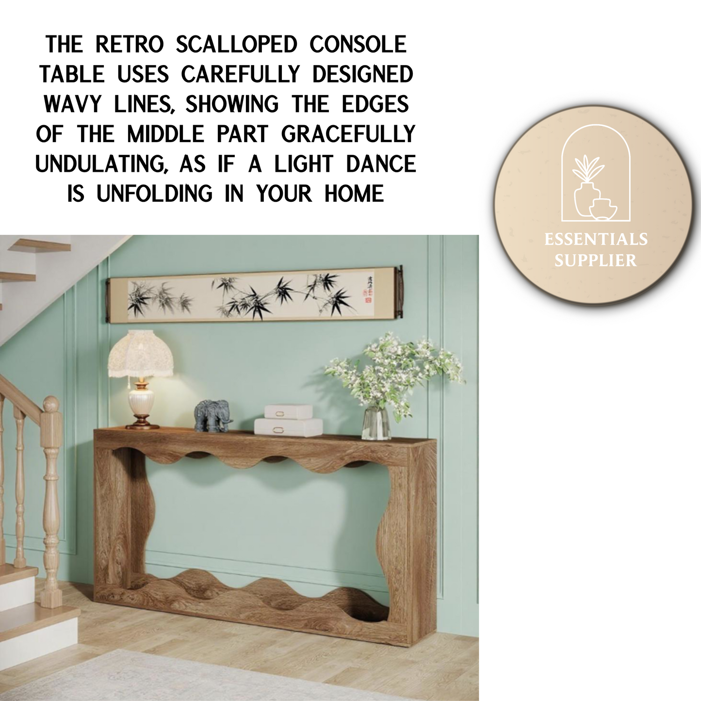 63" Light Brown Farmhouse Wavy Console Table – 2-Tier Entryway & Sofa Table