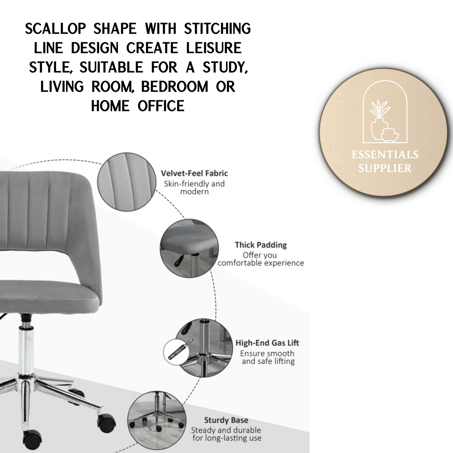 Modern Grey Velvet Office Chair – Adjustable Height, Swivel Base & Scallop Backrest