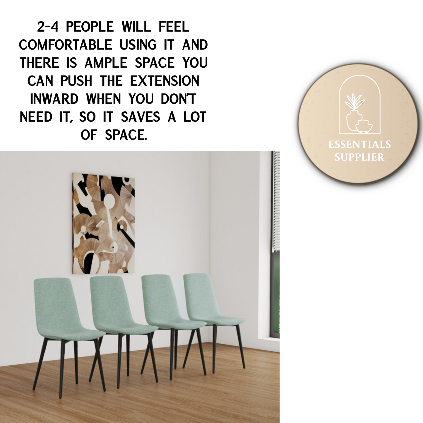 Extendable White Dining Table Set with 4 Green Chairs – Seats 2–6
