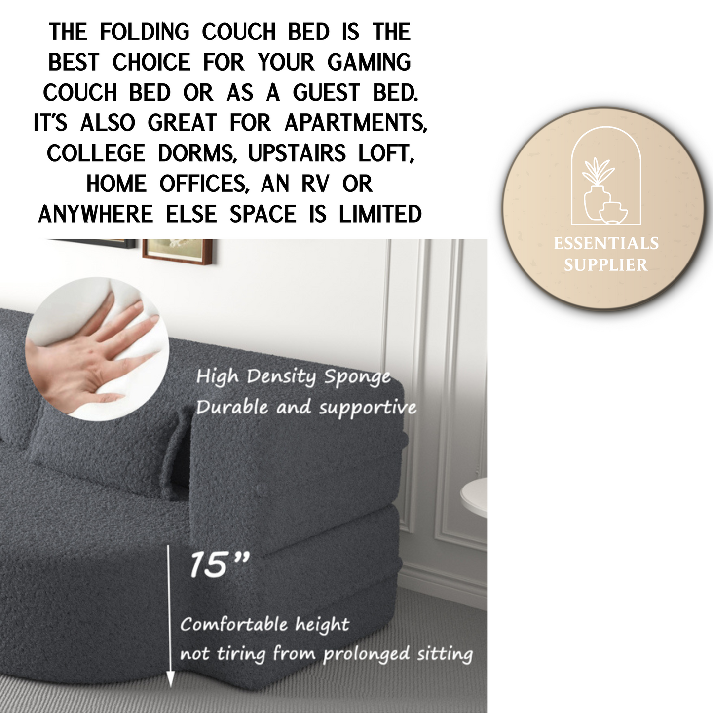 Modern Grey Teddy Fabric Floor Sofa Bed with 2 Pillows – Convertible & Space-Saving