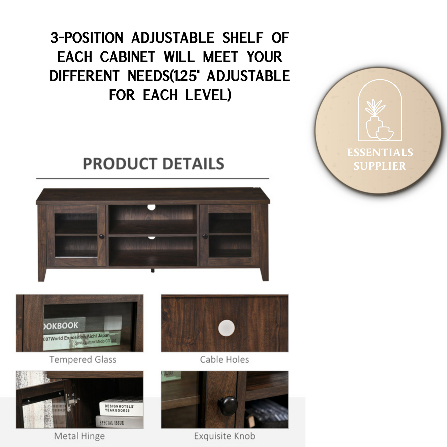 55" Coffee LED TV Stand with Adjustable Shelves & Cable Management – Modern Cabinet