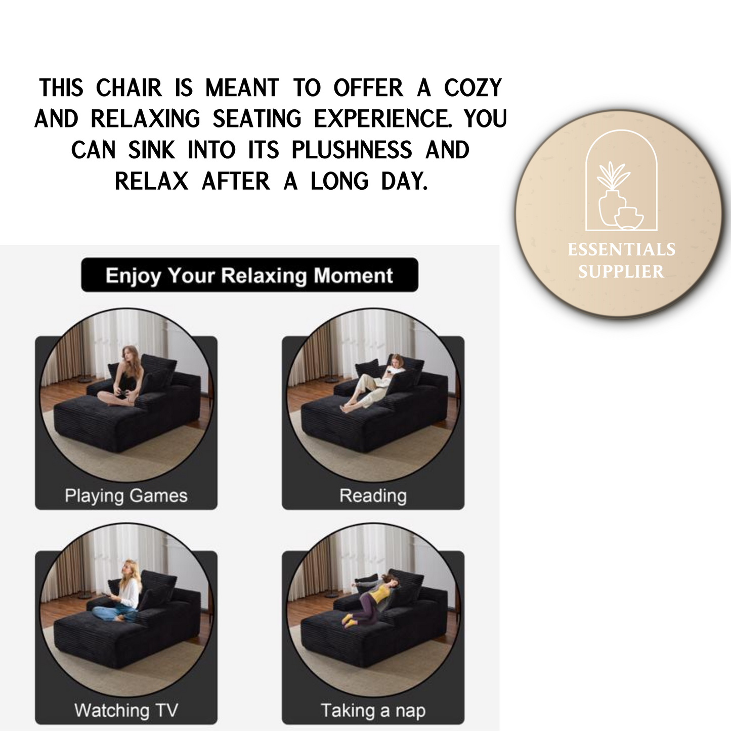 Oversized Chaise Lounge Chair – Plush Corduroy Cloud Couch with 3 Pillows, Black