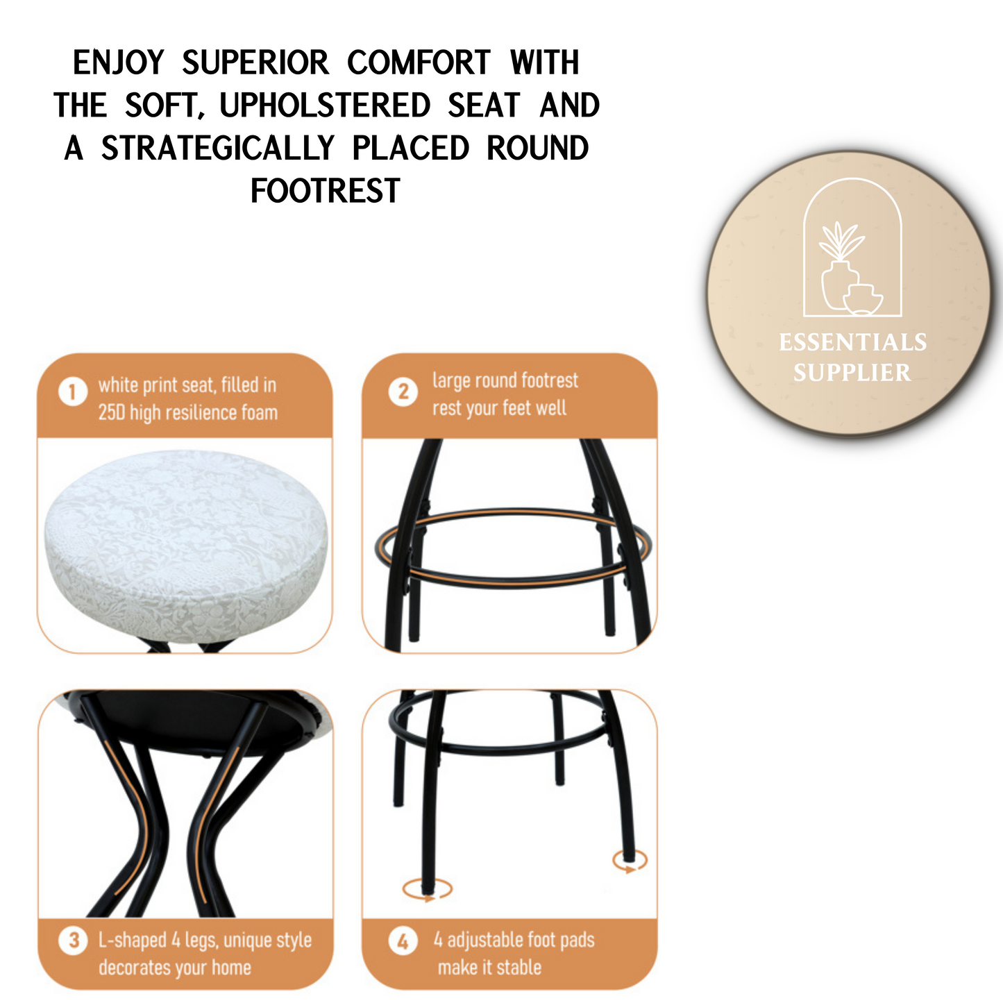 29" Floral Print Counter Height Bar Stools with Footrest – Set of 2 Upholstered