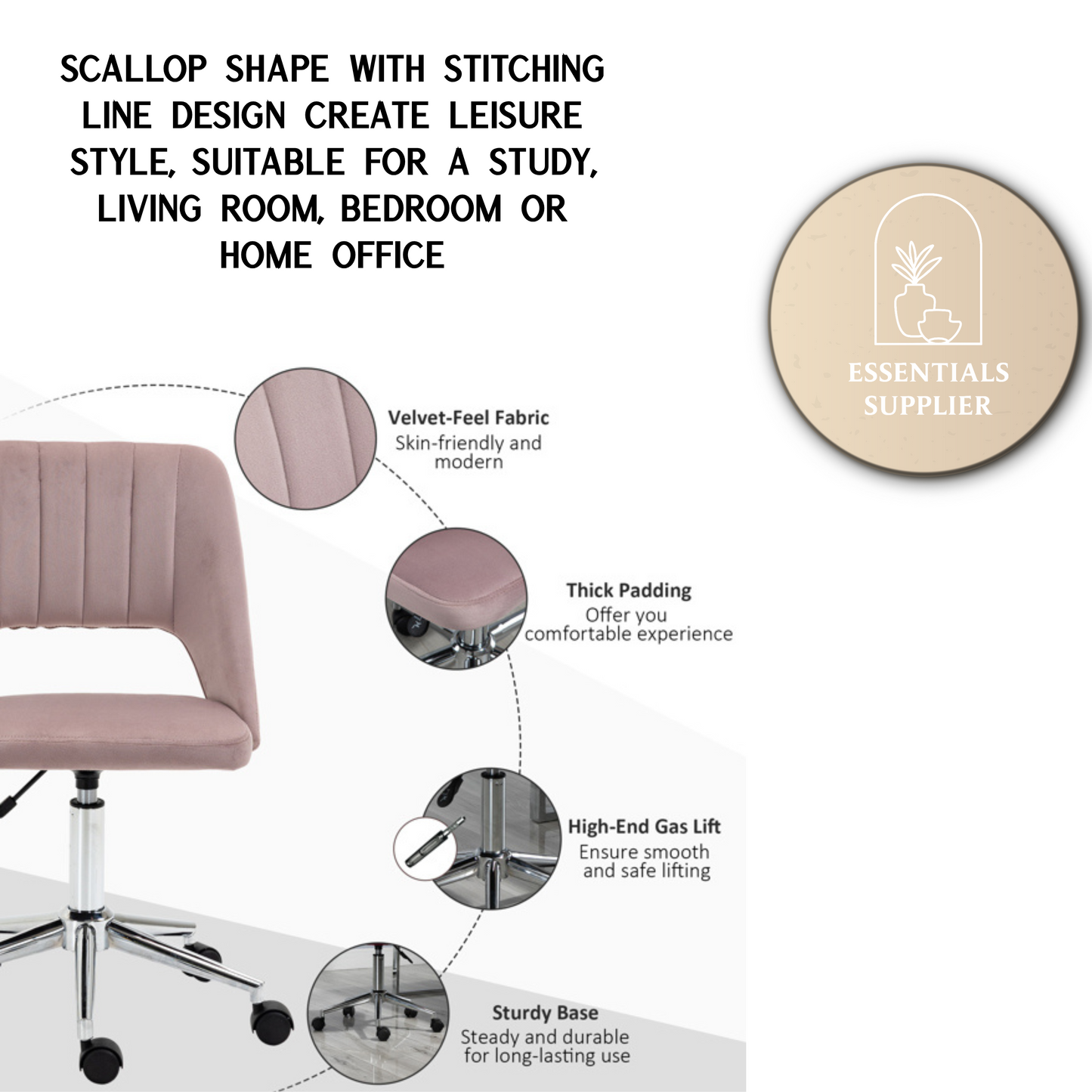 Modern Pink Velvet Office Chair – Adjustable Height, Swivel Base & Scallop Backrest