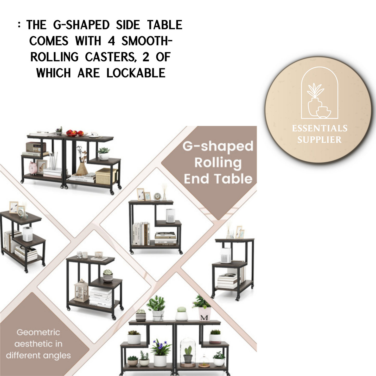 G-Shaped 3-Tier Gray End Table with Wheels – Mobile Storage Side Table