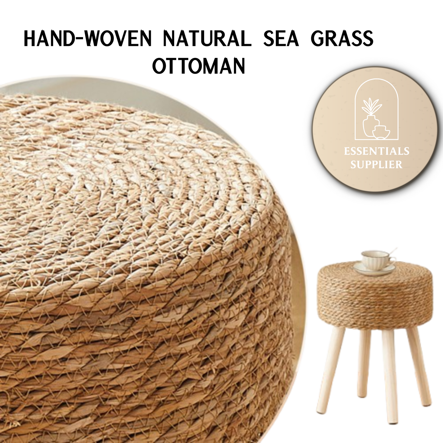 Essentials Supplier Seagrass Ottoman Footstool – Solid Wood Legs, Handwoven