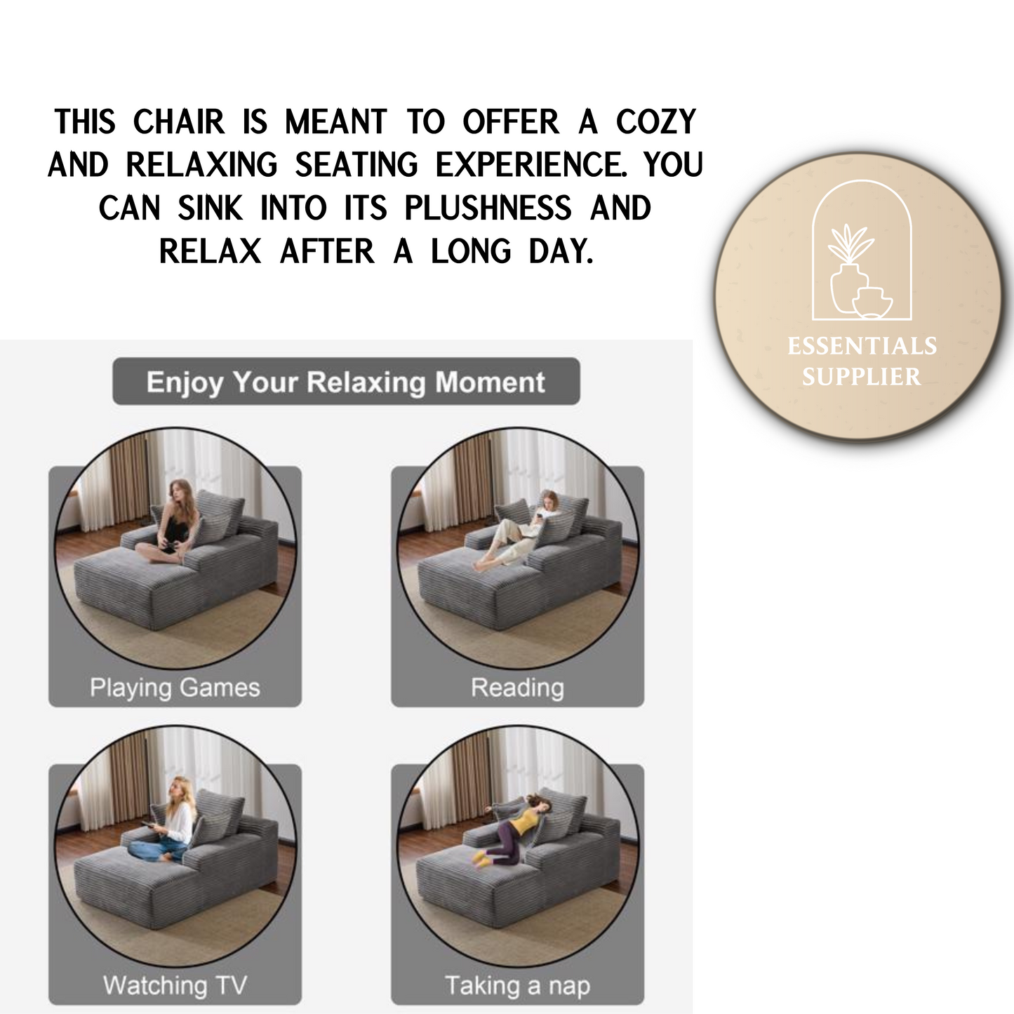 Oversized Chaise Lounge Chair – Plush Corduroy Cloud Couch with 3 Pillows, Grey