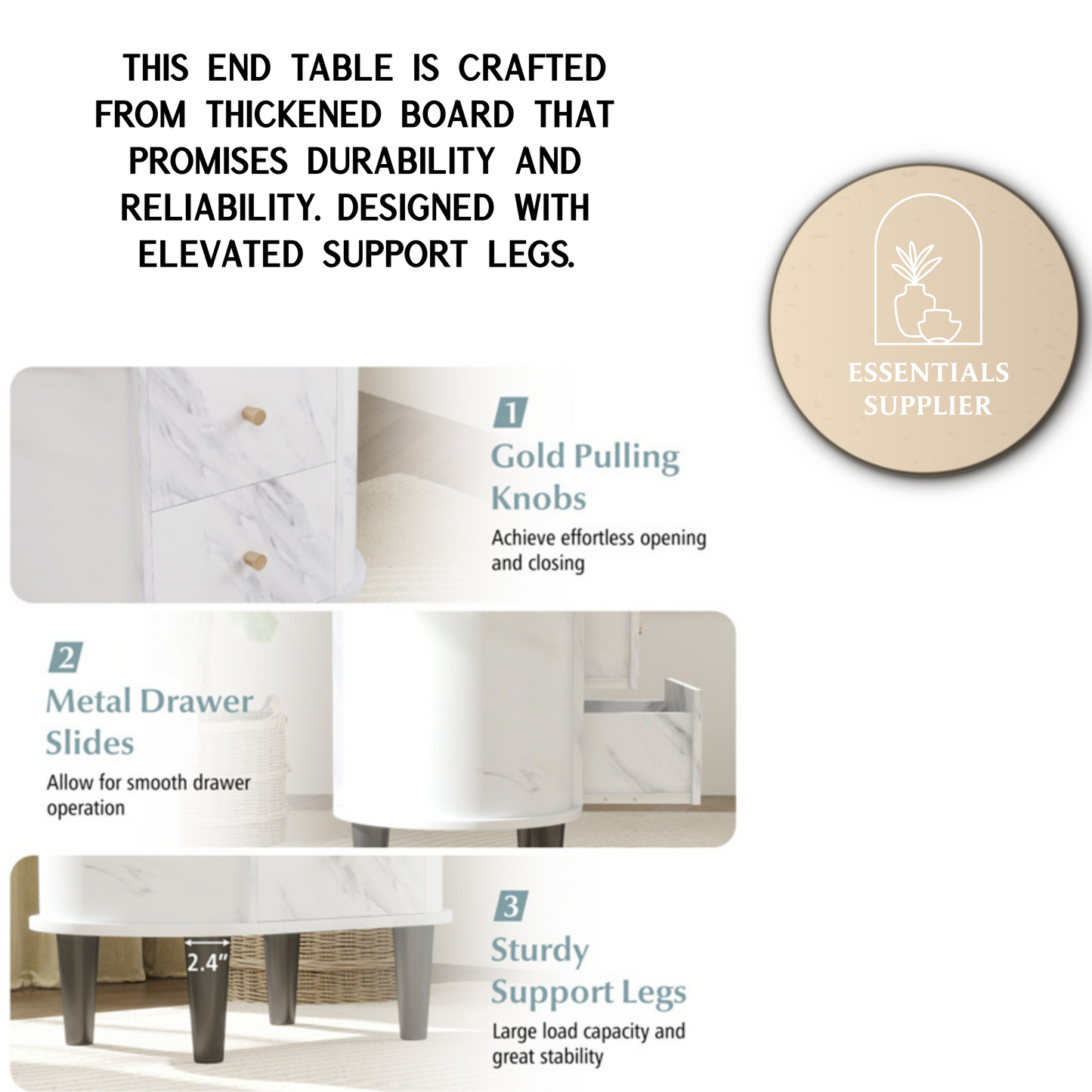 White Nightstand with Faux Marble Top & 2 Drawers – Modern Bedroom Side Table