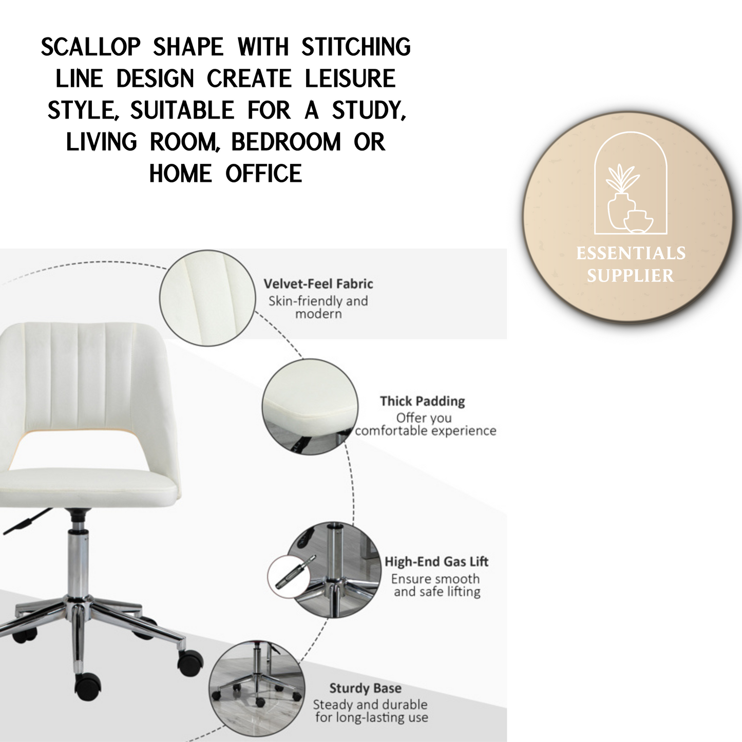 Modern White Velvet Office Chair – Adjustable Height, Swivel Base & Scallop Backrest