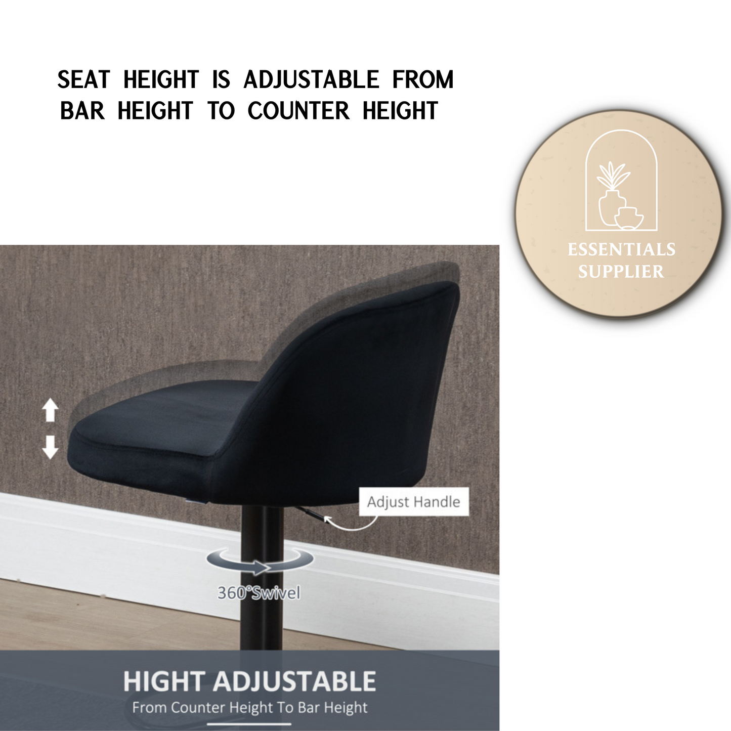 Set of 2 Black Velvet Adjustable Swivel Bar Stools with Footrest – Modern Counter Chairs