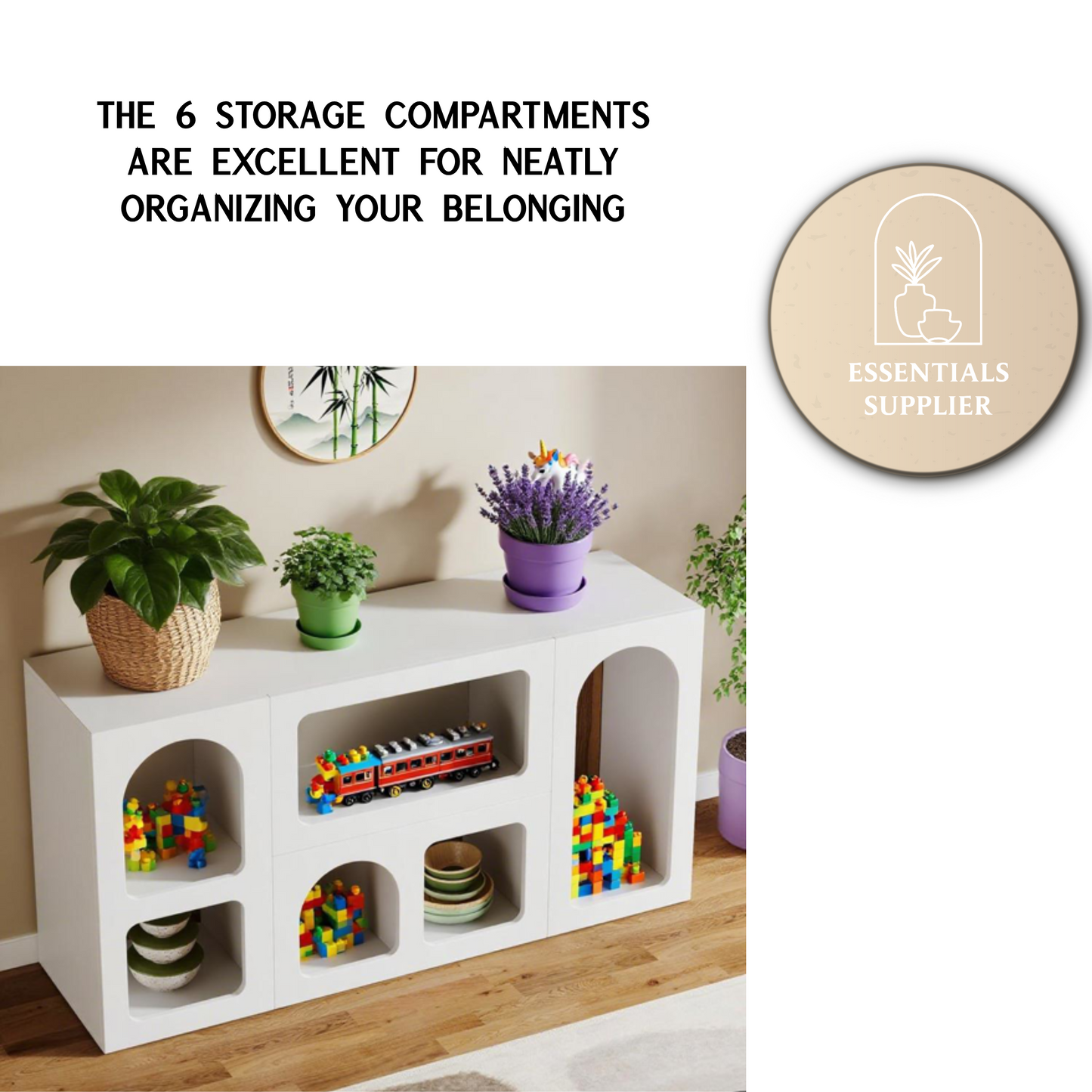 Modern White 6-Compartment Long Console Table – Elegant Storage & Display Unit
