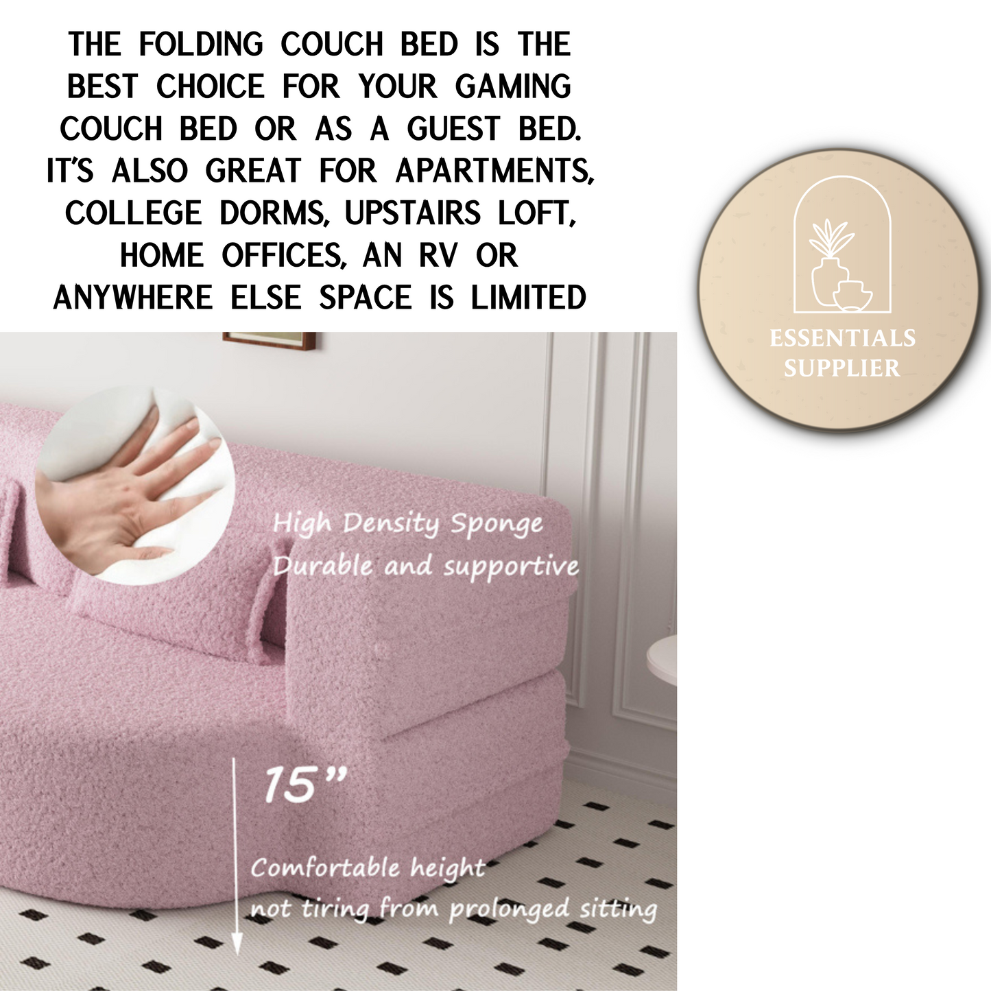 Modern Pink Teddy Fabric Floor Sofa Bed with 2 Pillows – Convertible & Space-Saving