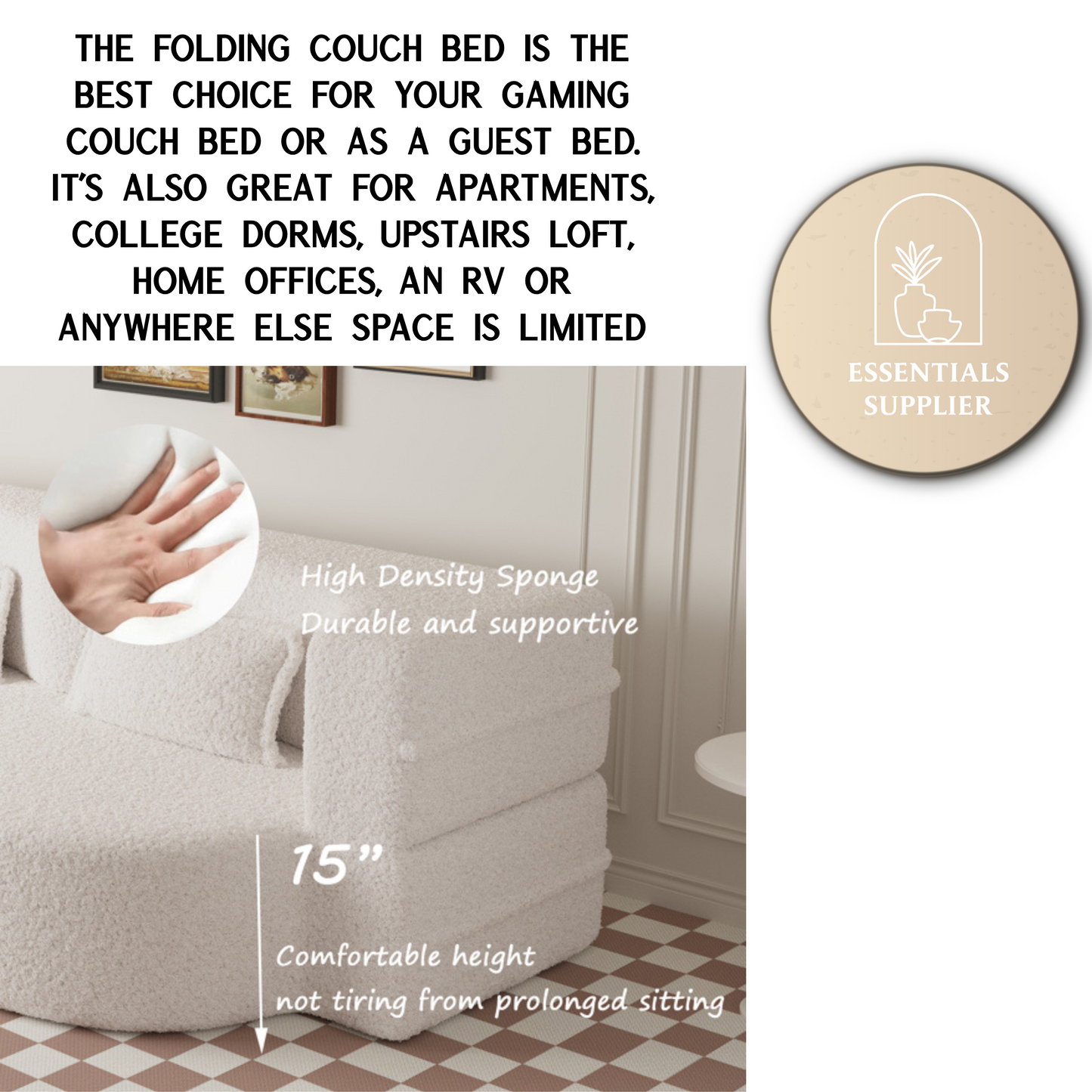 Modern Beige Teddy Fabric Floor Sofa Bed with 2 Pillows – Convertible & Space-Saving