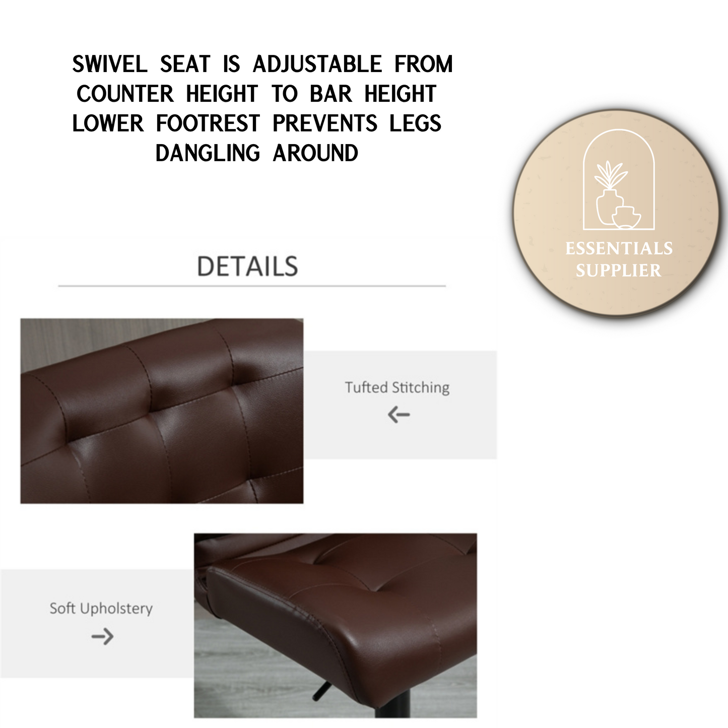 Set of 2 Adjustable Brown Bar Stools with Swivel Seats & Tufted Backrest