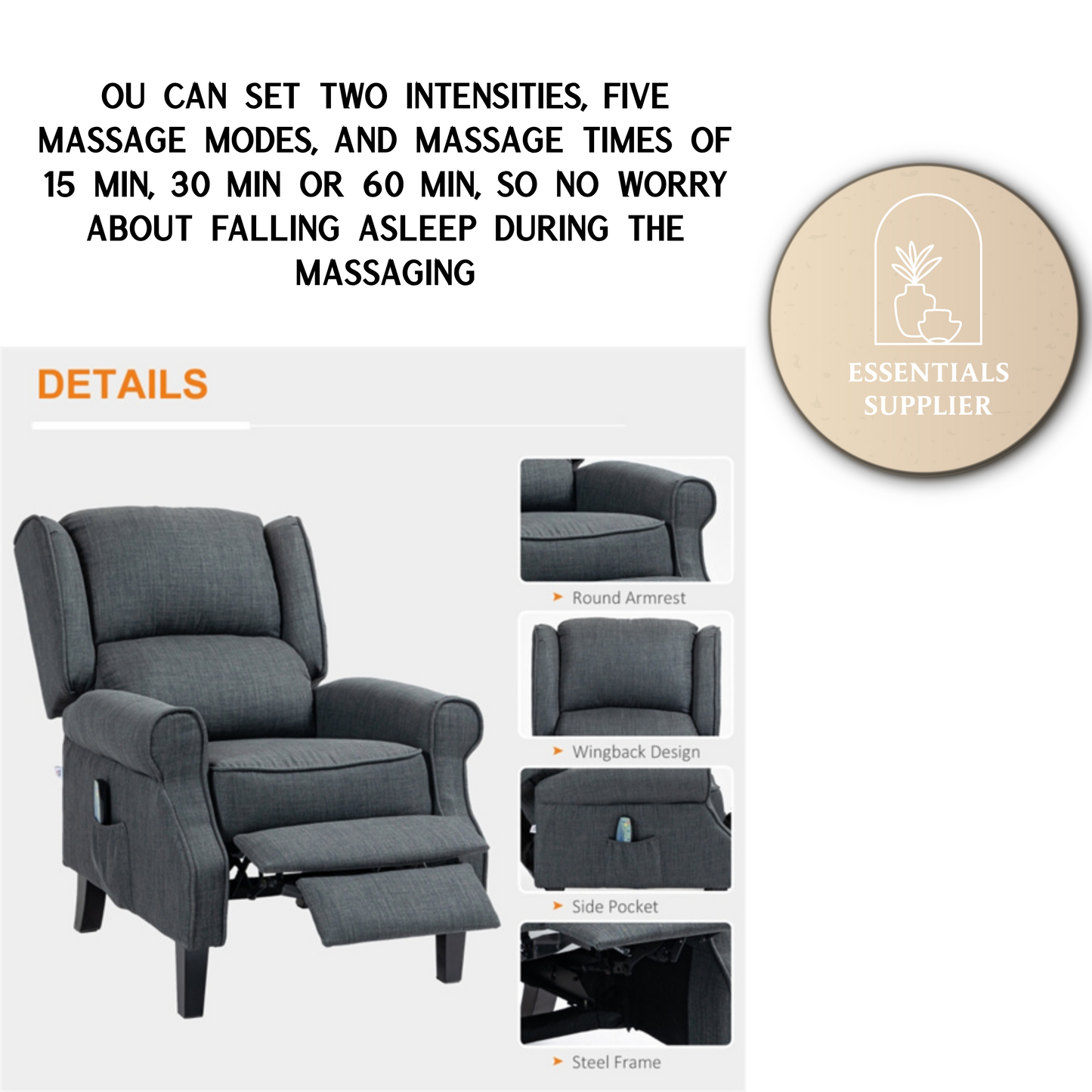 Heated Massage Recliner Chair with Lumbar Support – Manual Pushback, Gray