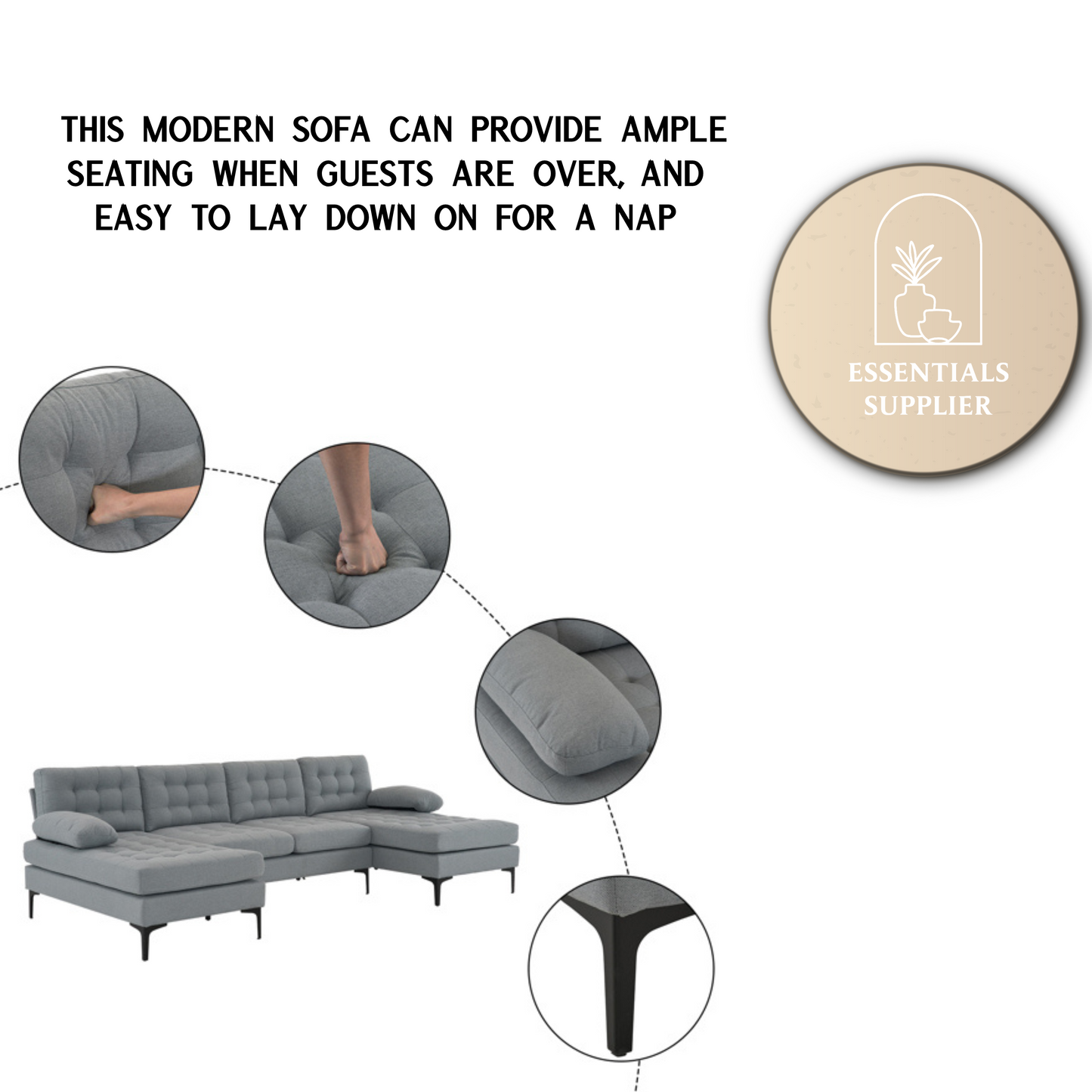 U-Shaped Sectional Sofa – Soft Armrest & Backrest, Wooden & Iron Frame with Gold Legs, Beige Upholstery