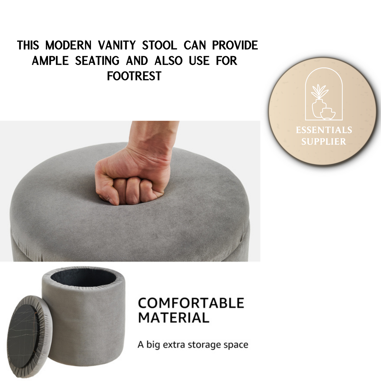Velvet Grey Round Storage Ottoman with Removable Lid