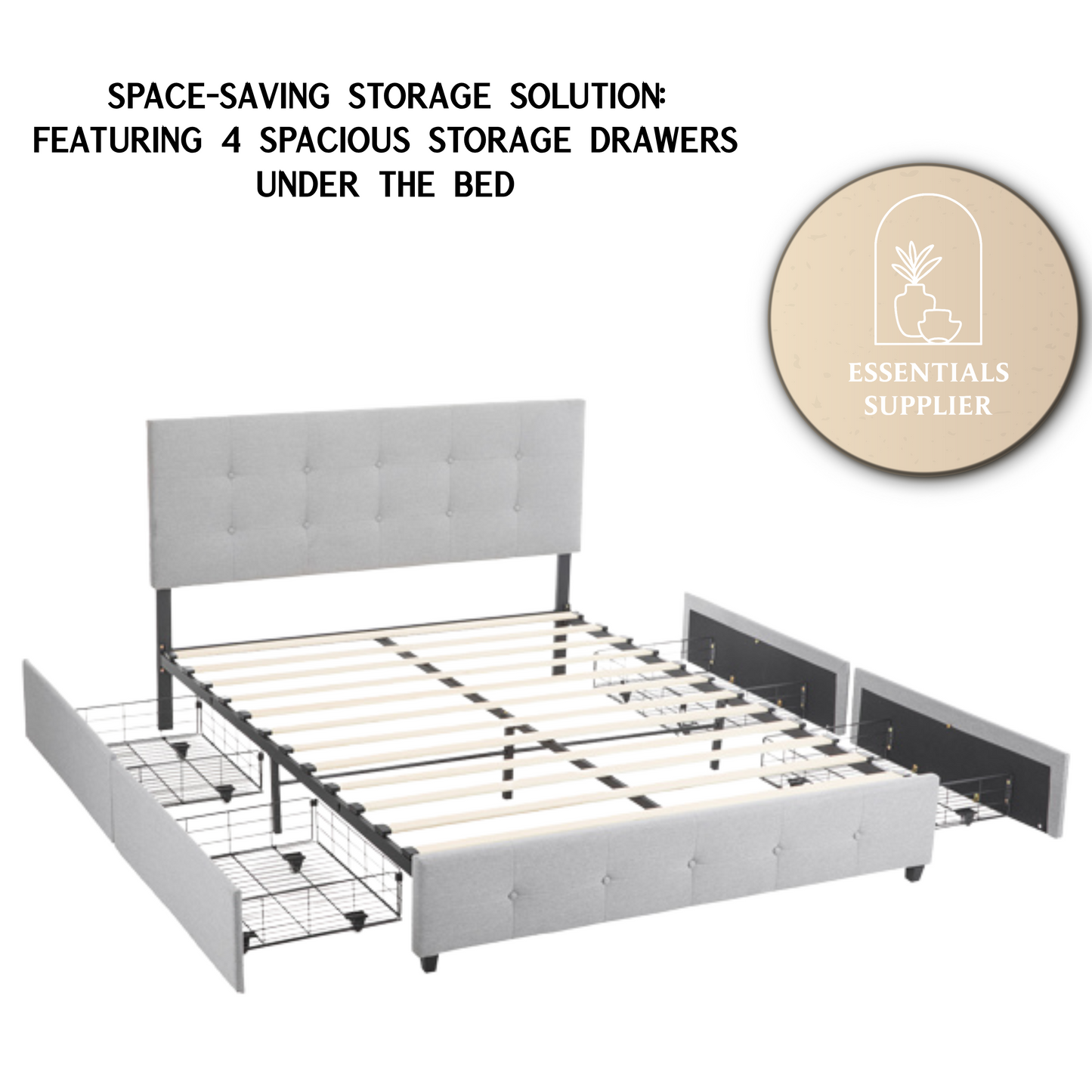 Queen Upholstered Platform Bed with 4 Drawers & Adjustable Tufted Headboard