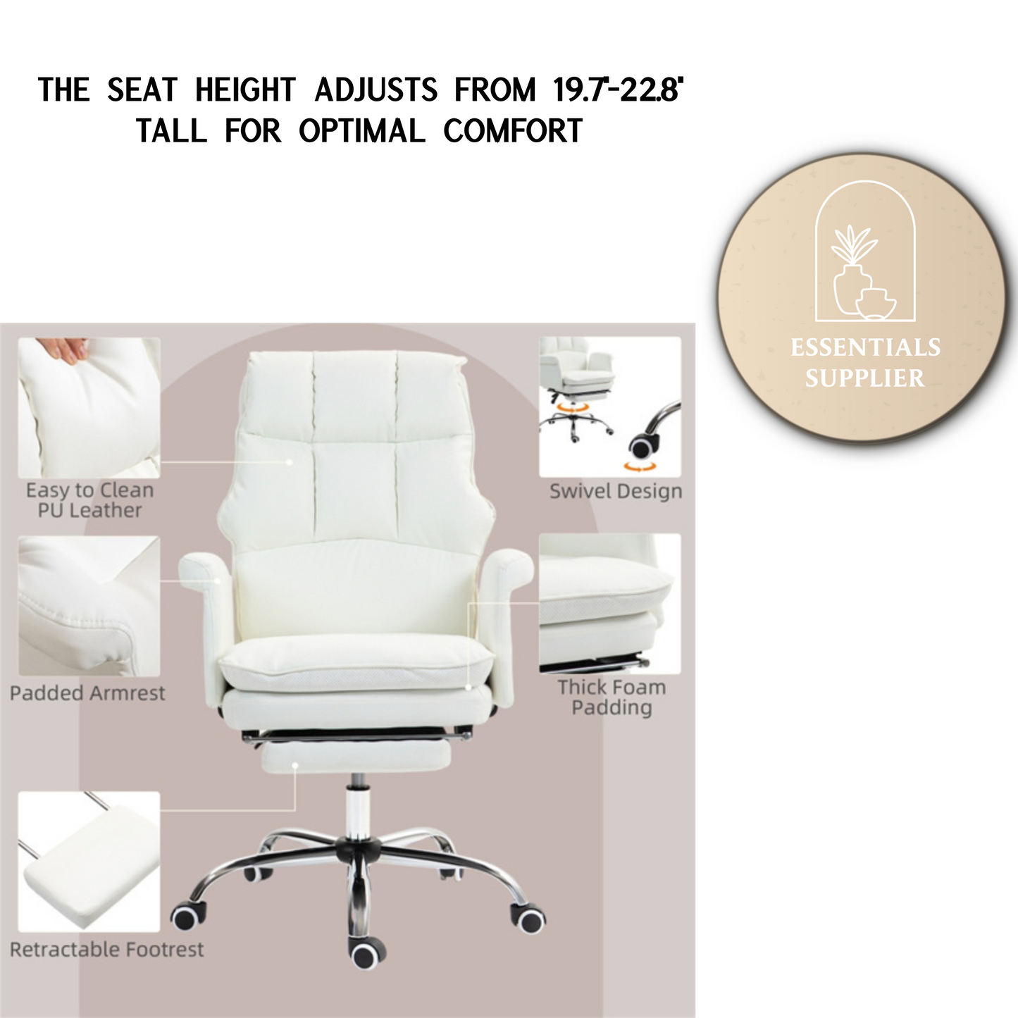 White Massage Office Chair with Reclining Back, Footrest & PU Leather Finish
