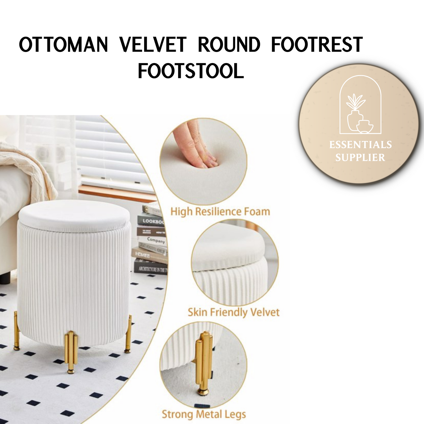 Velvet Round Ottoman Foot Stool with 23Qt Storage, 300lbs Support, Padded Seat