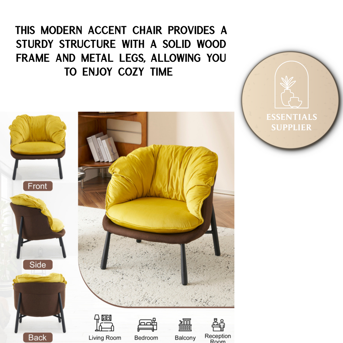 Modern Velvet Barrel Accent Chair with Metal Legs – Yellow Armchair