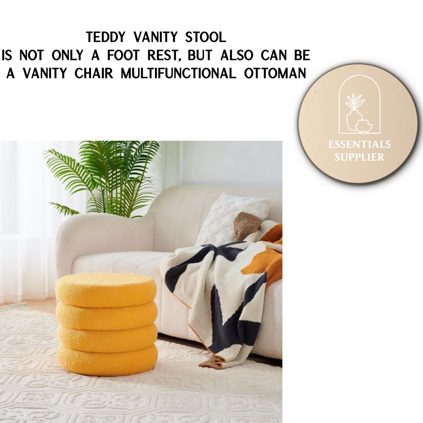 Round Shape Storage Ottoman Stool with Flip Tray, Vanity & Footrest Chair, Yellow