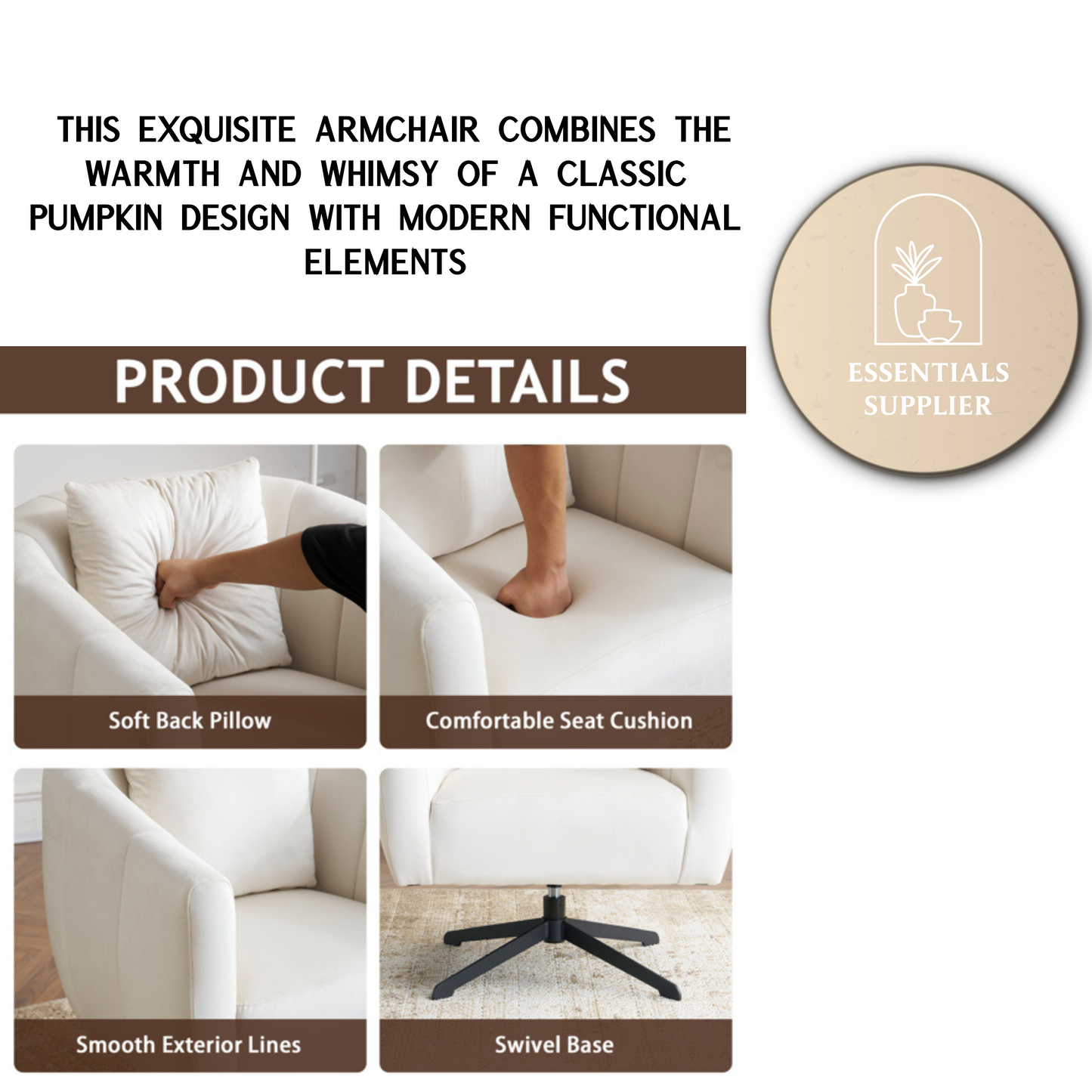 360° Swivel Velvet Accent Chair with Fluffy Cushion – Off White