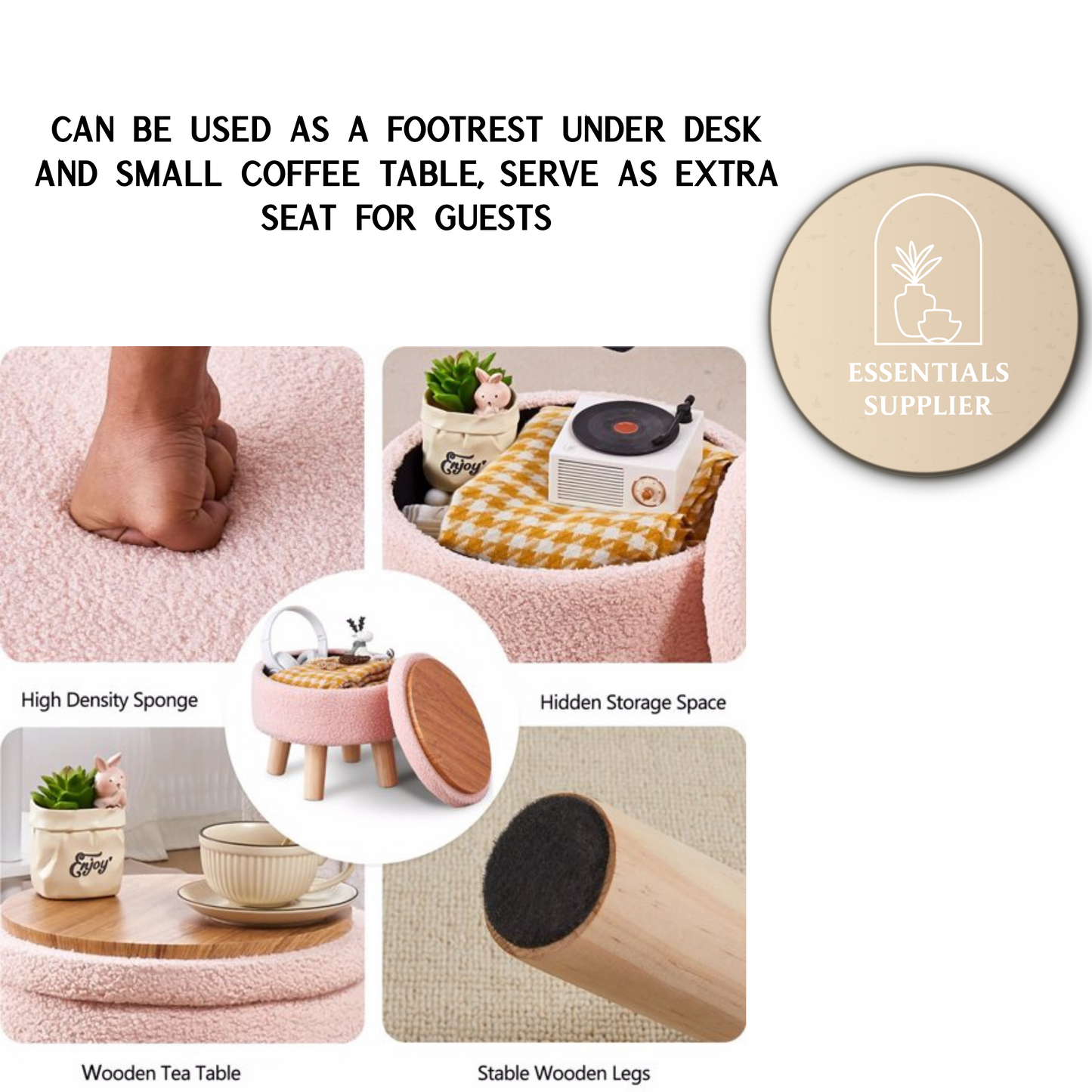 Round Storage Ottoman, Teddy Velvet Footrest with Wood Legs for Living Room, Pink