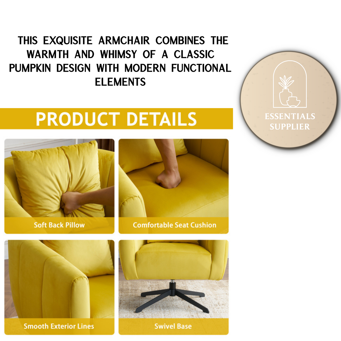 360° Swivel Velvet Accent Chair with Fluffy Cushion – Yellow
