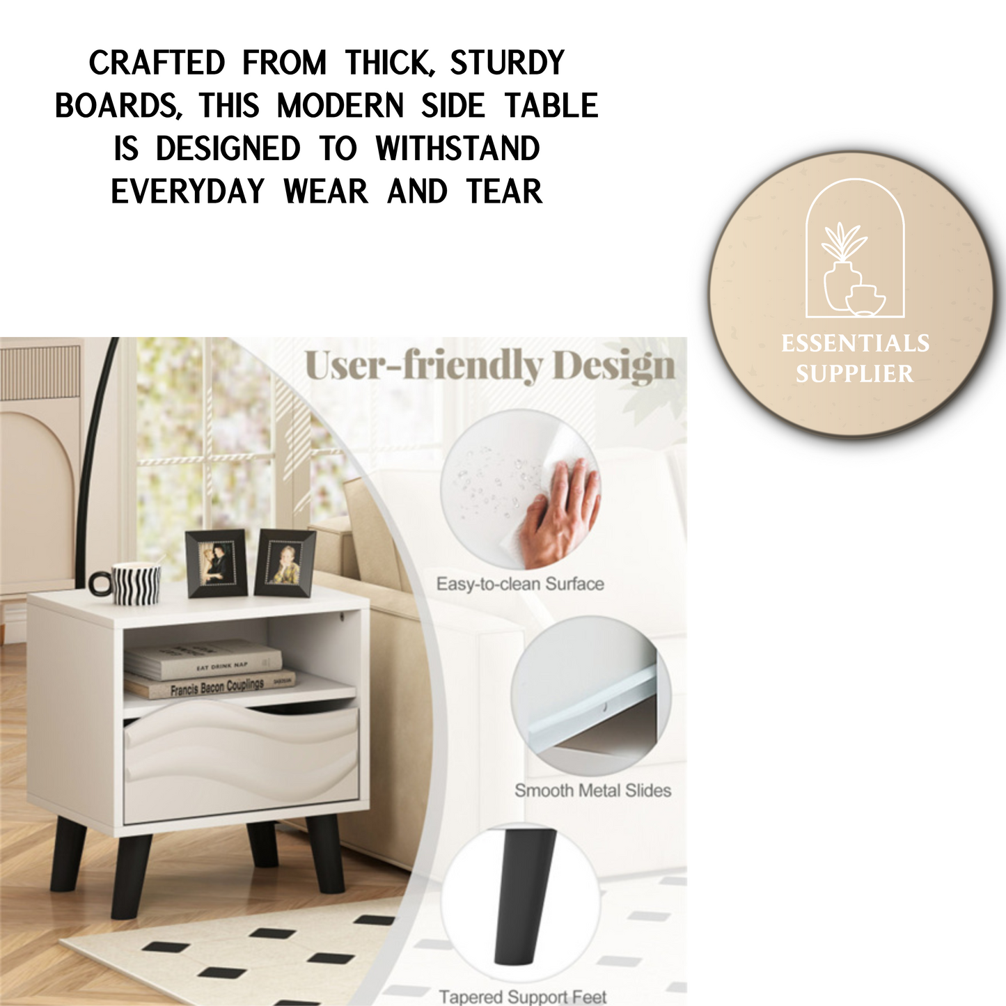White Nightstand with Drawer & Open Shelf – Modern Compact Bedside Table