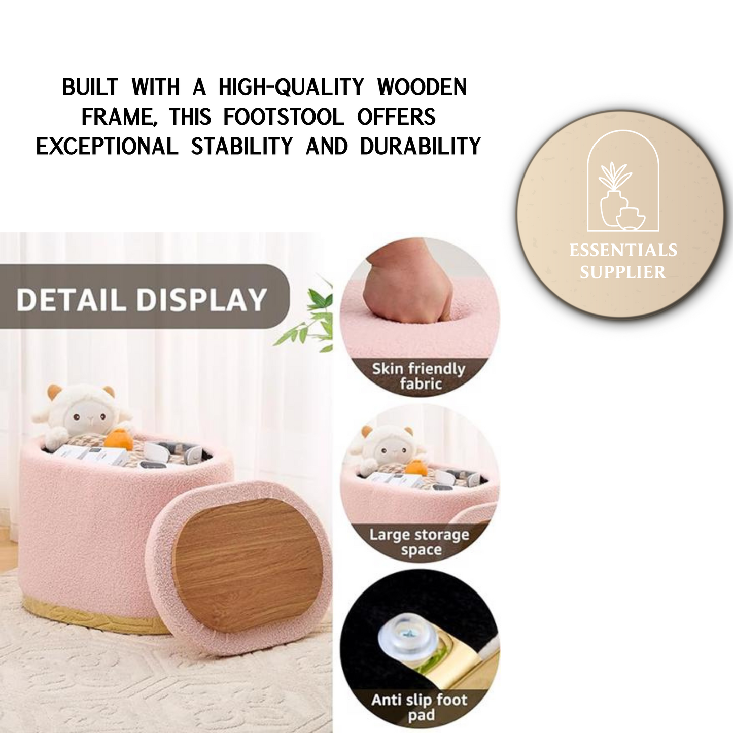 Round Storage Ottoman with Flip-Top Lid – Pink Upholstered Stool