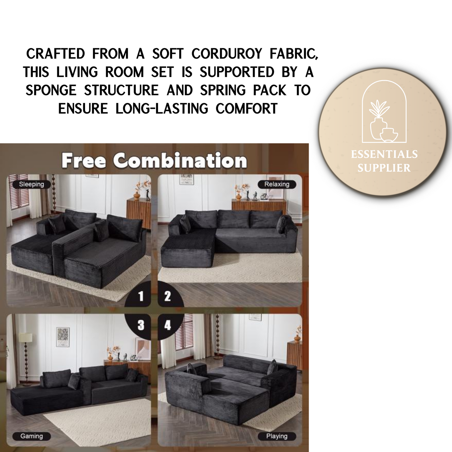 Modular L-Shaped Corduroy Sectional Sofa with Chaise – Black