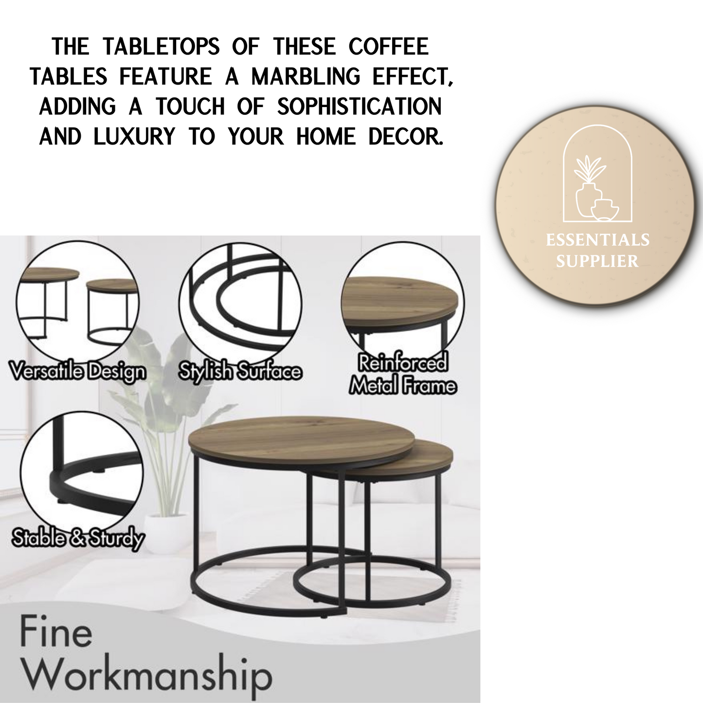 Round Nesting Coffee Table Set of 2 with Marble Top & Metal Frame – Modern Living Room
