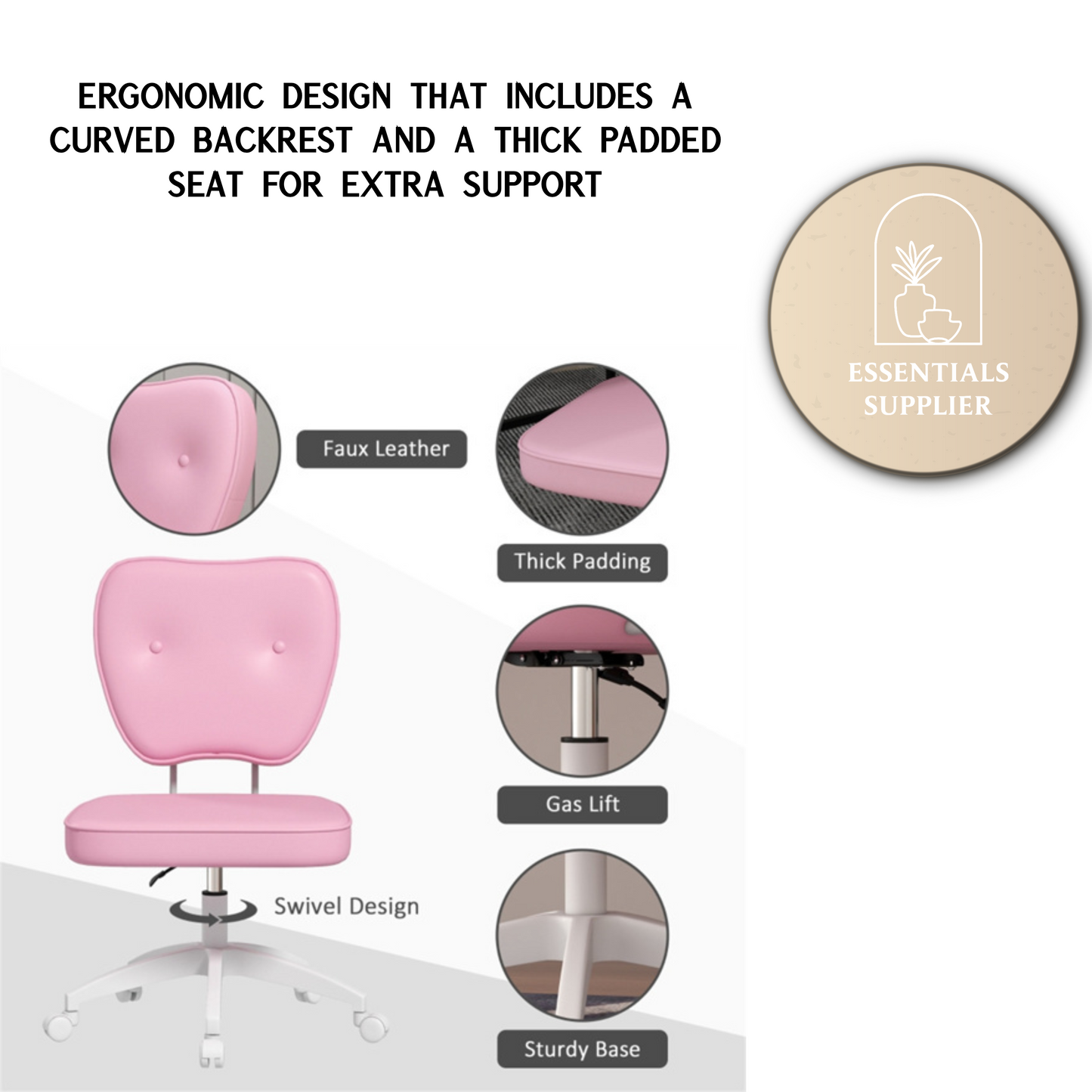 Pink Faux Leather Office Chair with Adjustable Height & Curved Backrest
