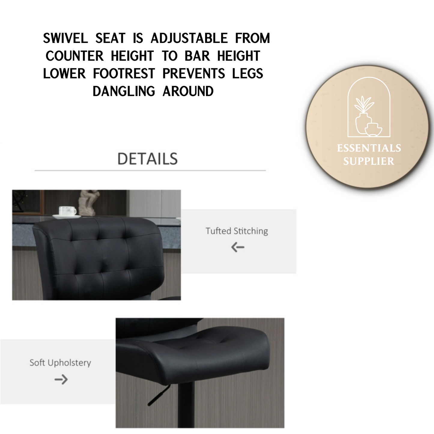 Set of 2 Adjustable Black Bar Stools with Swivel Seats & Tufted Backrest
