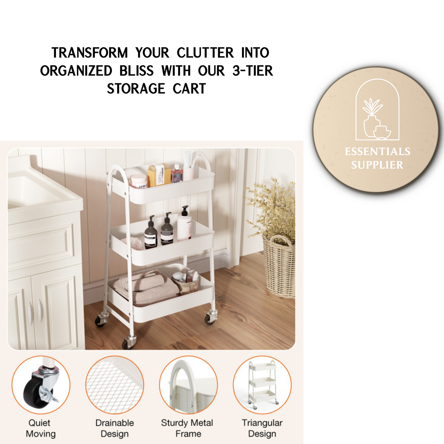 3-Tier Rolling Metal Utility Cart – Storage Organizer for Home & Office