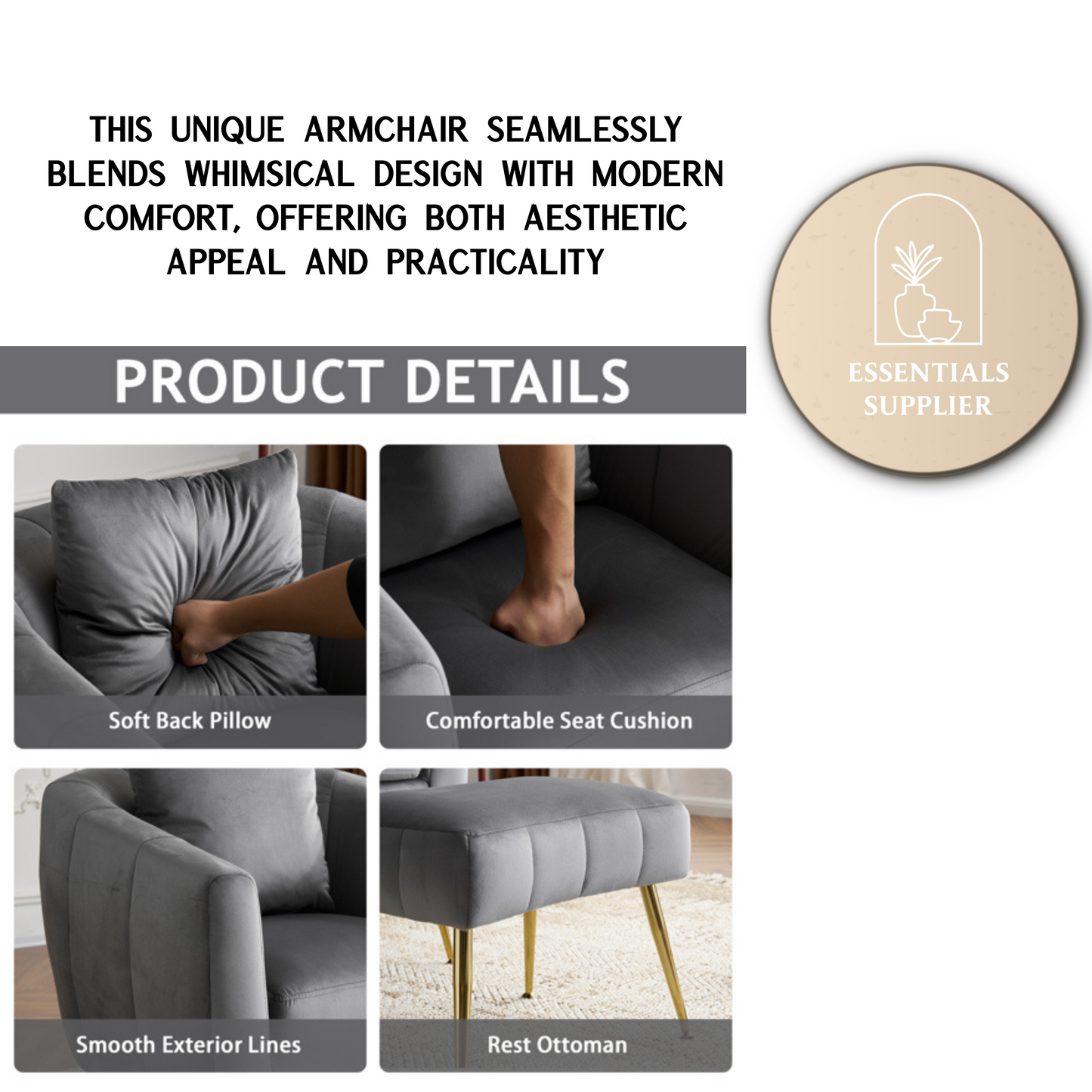 Velvet Barrel Chair with Ottoman & Lumbar Pillow – Gray Accent Set