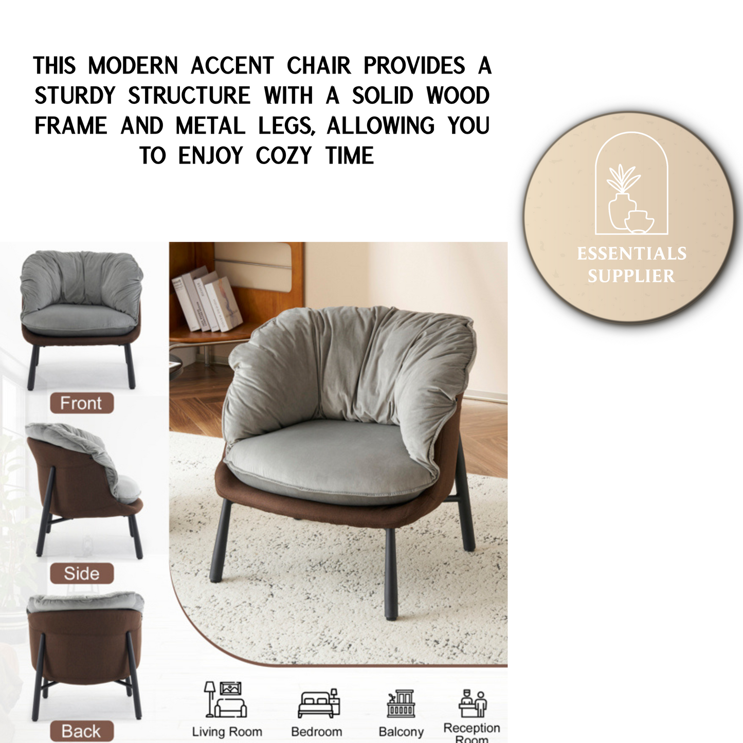 Modern Velvet Barrel Accent Chair with Metal Legs – Gray Armchair