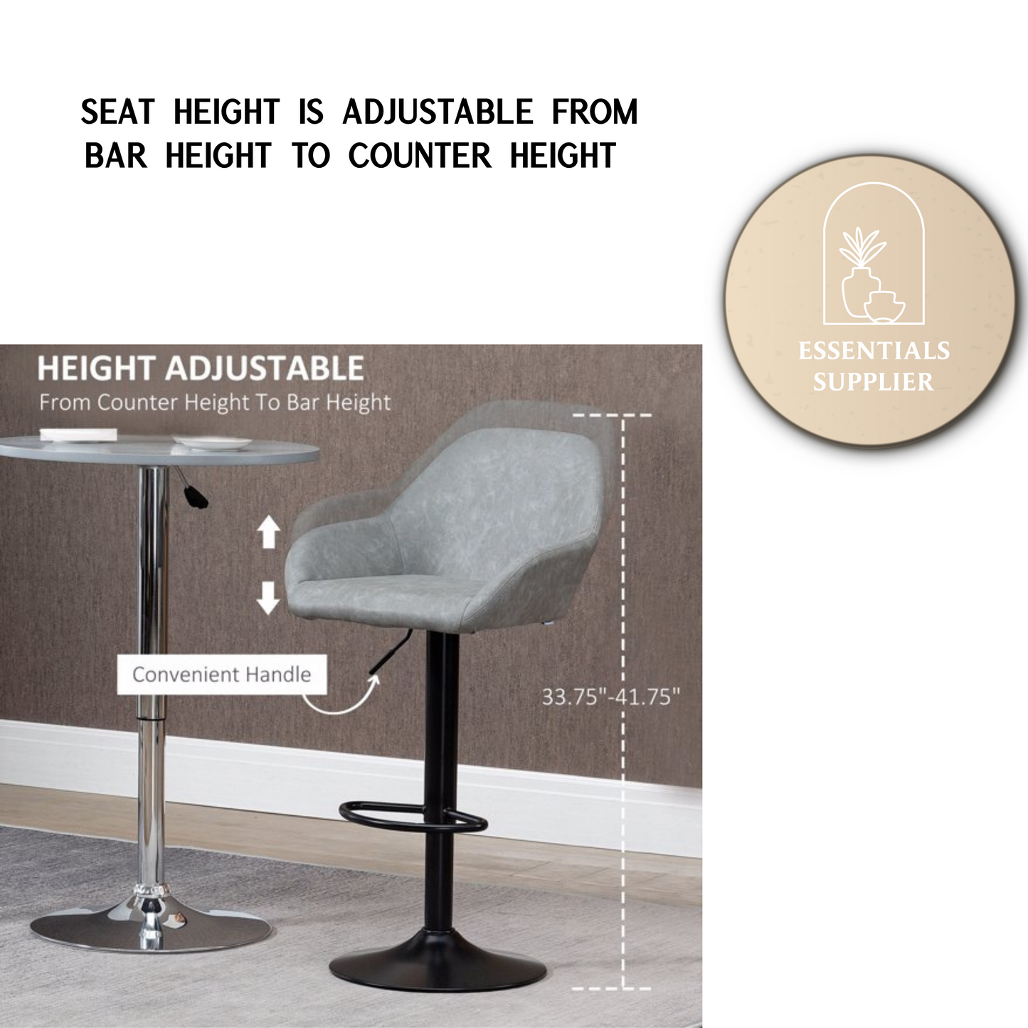 Set of 2 Grey PU Leather Adjustable Swivel Bar Stools with Footrest – Modern Counter Chairs