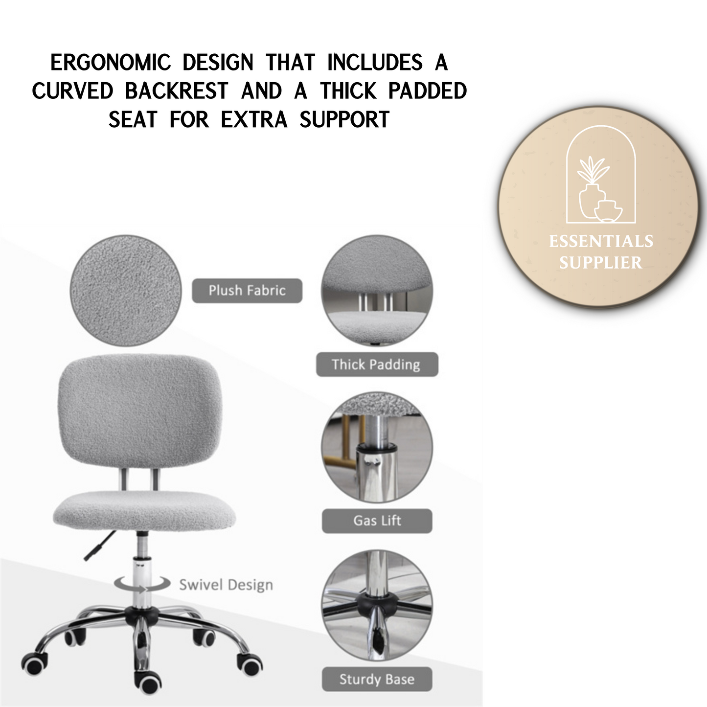 Light Gray Plush Office Chair with Adjustable Height & Soft Curved Backrest