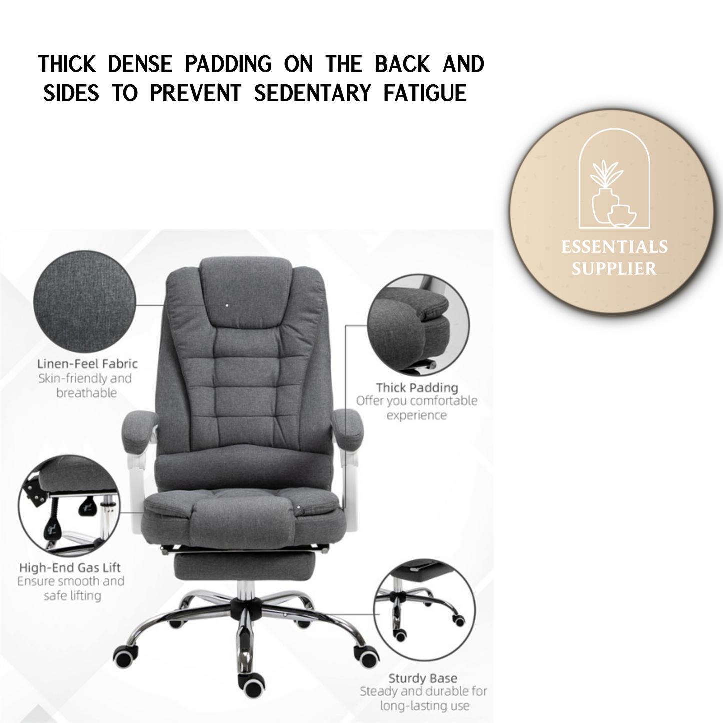 Pebble Grey High-Back Reclining Office Chair with Footrest & Linen Upholstery