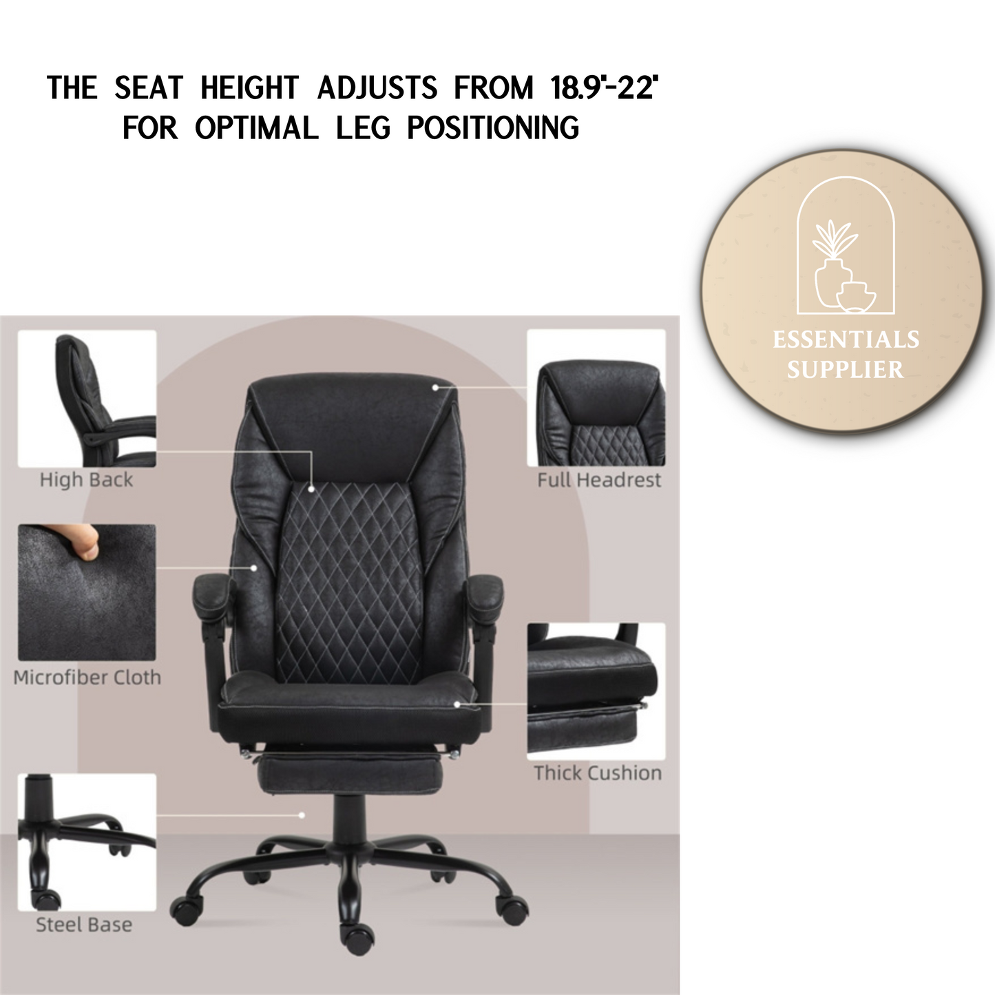 Black High-Back Reclining Office Chair with Footrest & Microfiber Upholstery