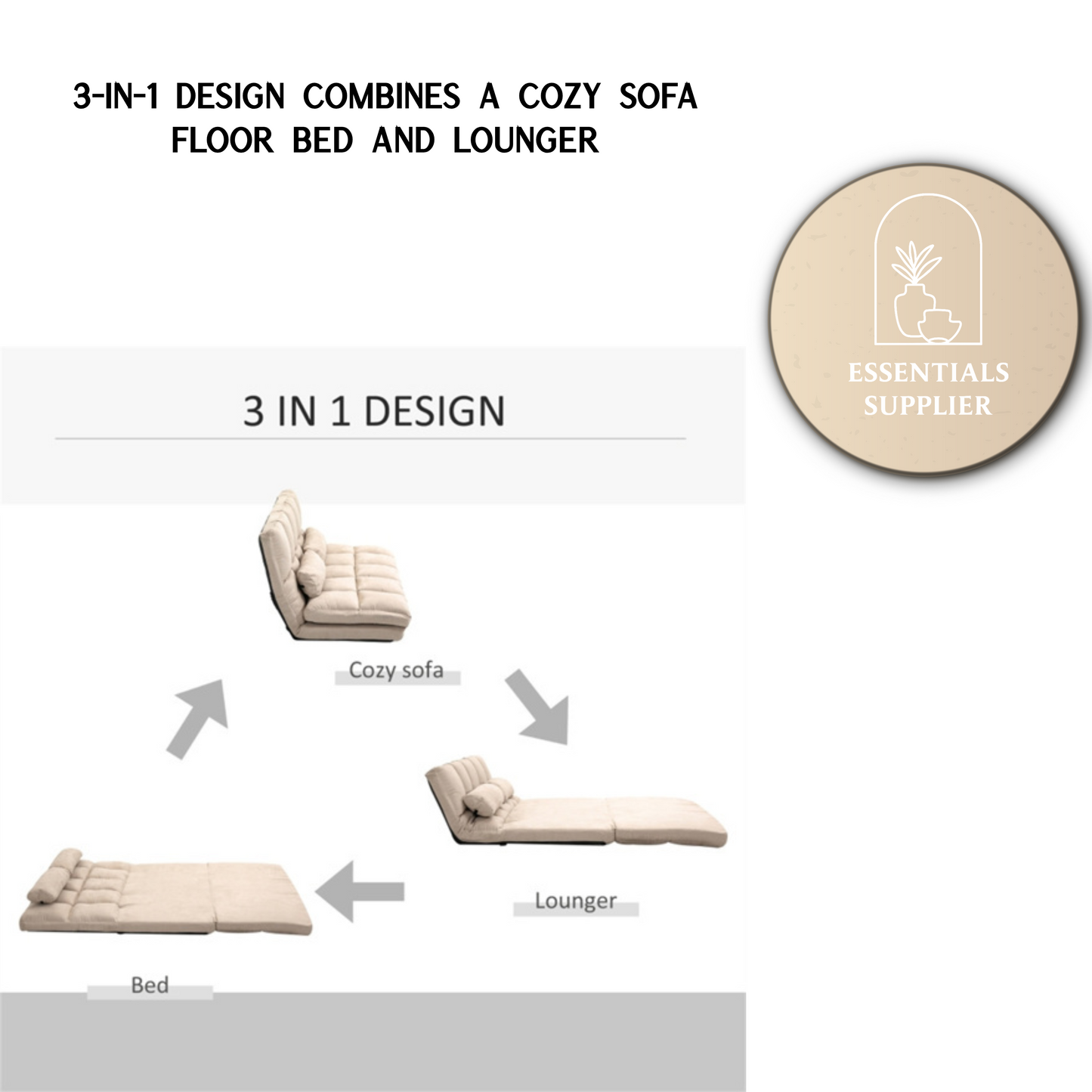 3-in-1 Adjustable Floor Sofa Bed with Backrest & Headrest – Beige