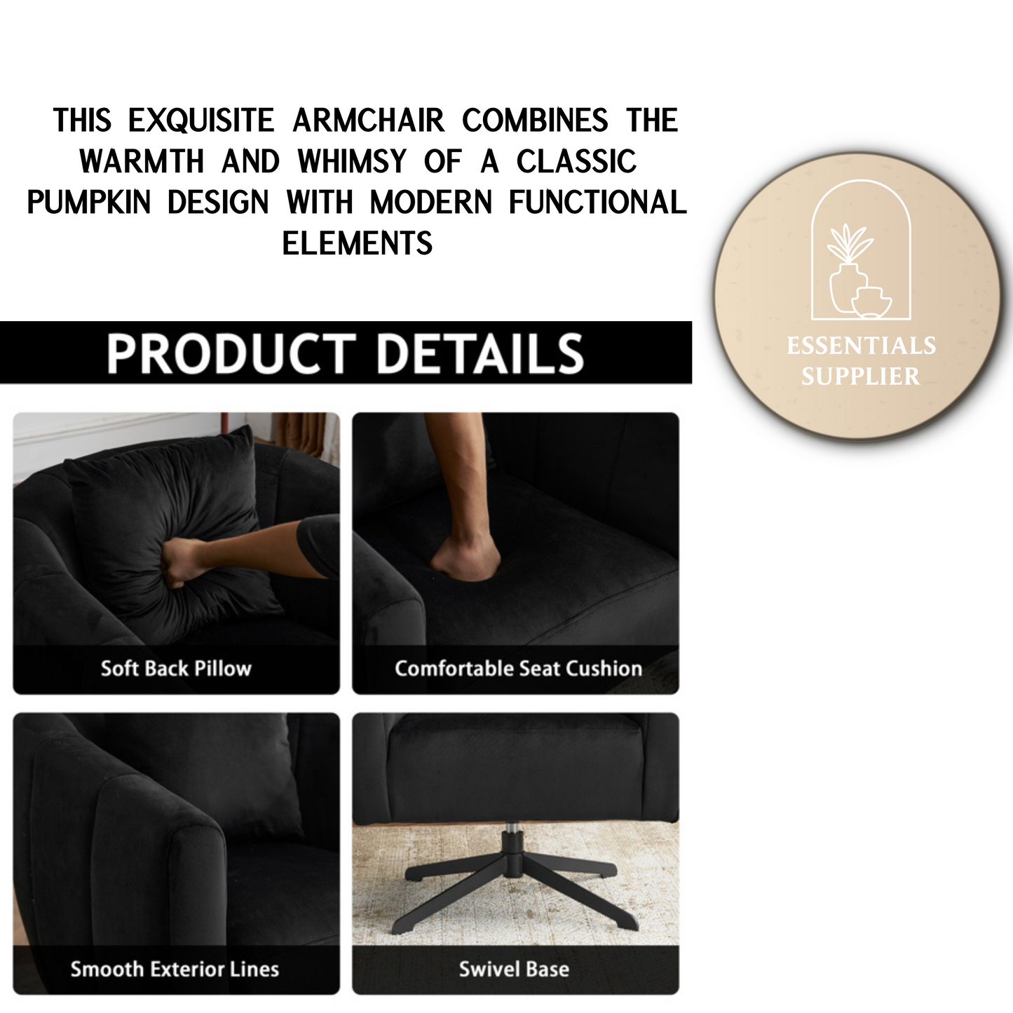 360° Swivel Velvet Accent Chair with Fluffy Cushion – Black