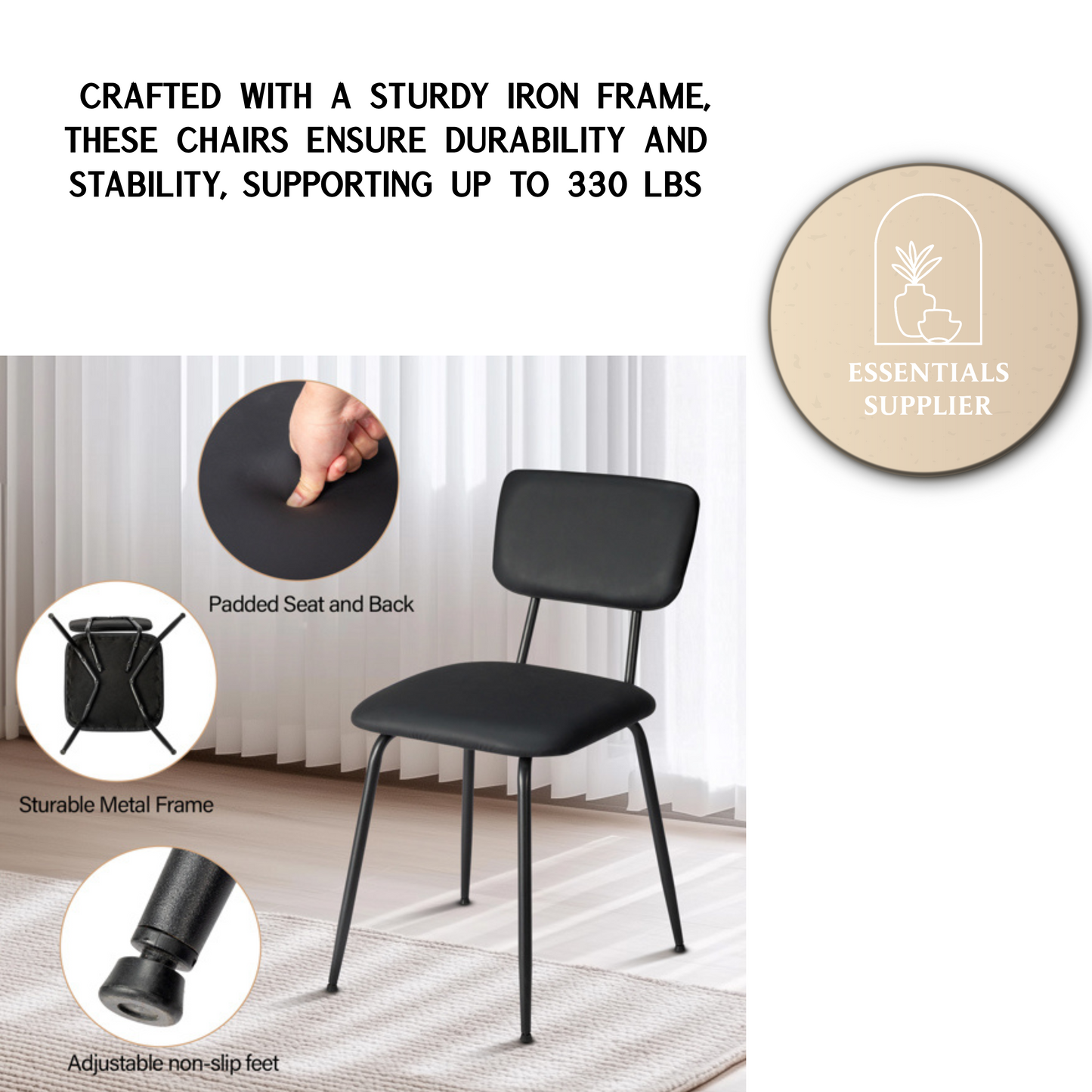 Set of 4 Modern Black Padded Dining Chairs for Kitchen, Bar & Office Use