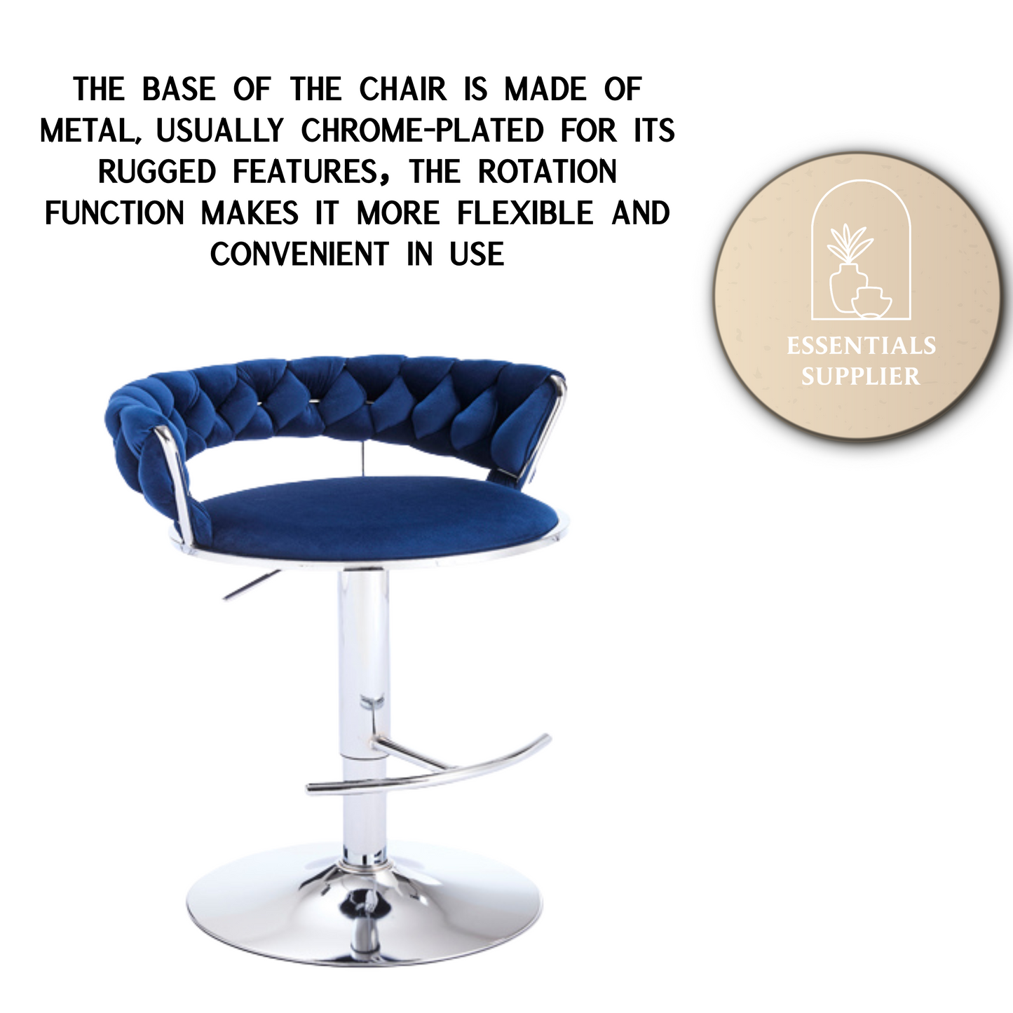 Set of 2 Blue Velvet Bar Stools with Chrome Base & Swivel Adjustable Height