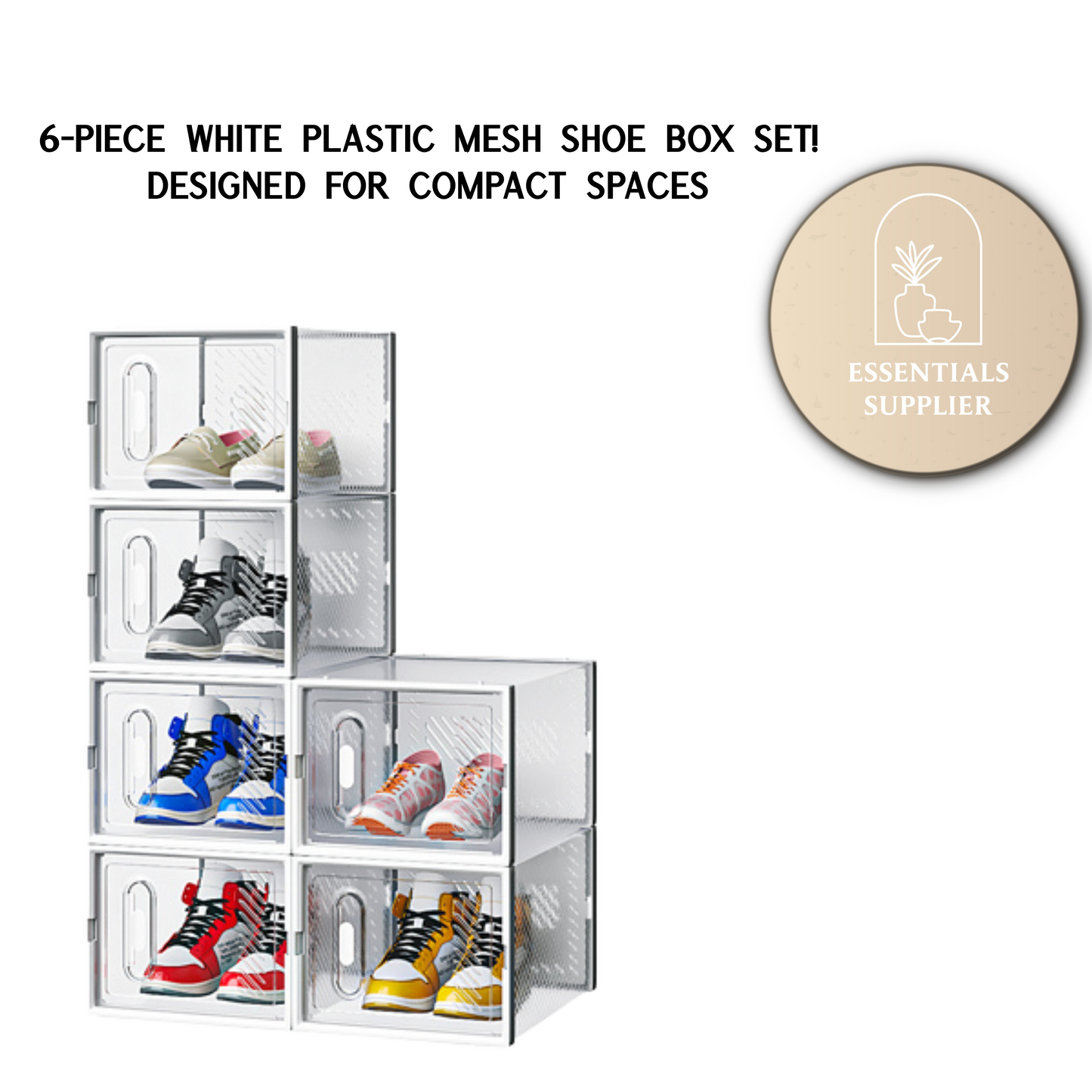 My Store 6-Pack White Plastic Mesh Shoe Boxes – 35x25x19cm Modular Storage Set